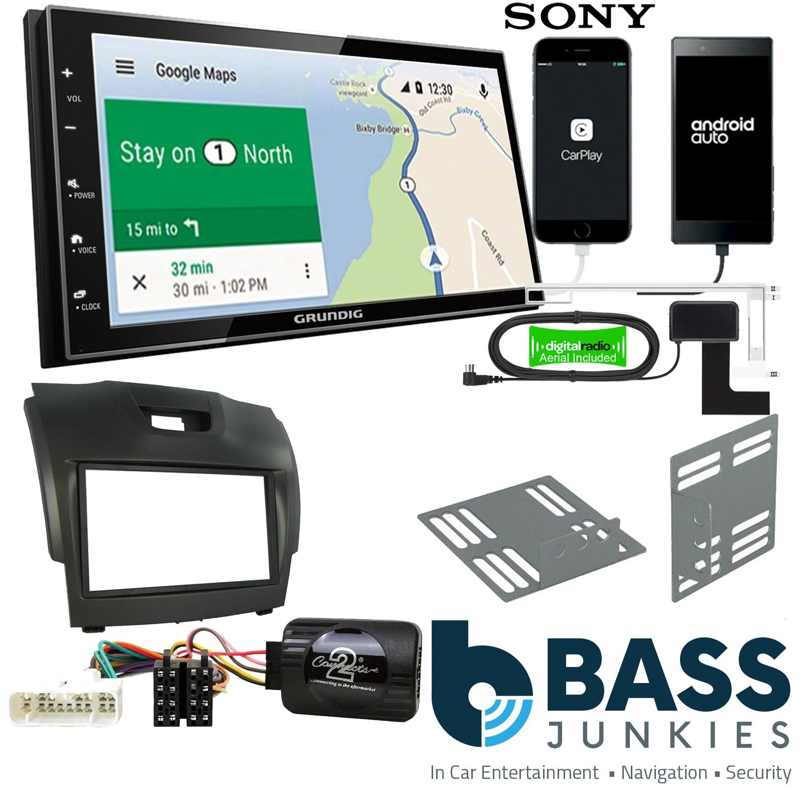 Grundig 6.8" Apple Android Double Din Stereo Fitting Kit + Steering Wheel Stalk Controls to fit Chevrolet S-10 2012-21 | Chevrolet Colorado 2012-20 | Chevrolet Trailblazer 2012-21