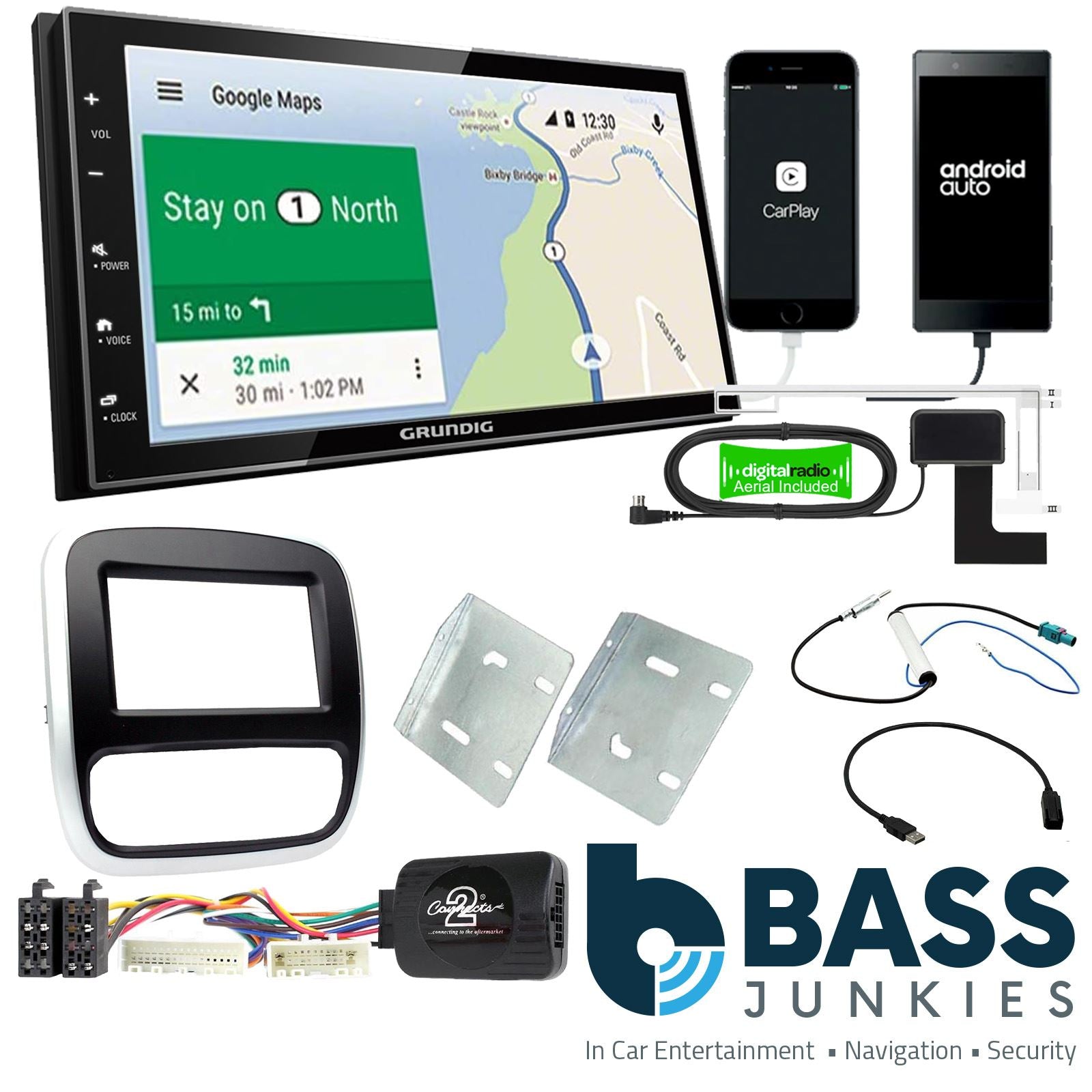 Grundig 6.8" Apple Android Double Din Stereo Fitting Kit + Steering Wheel Stalk Controls to fit Opel Vivaro 2014- | Vauxhall Vivaro 2014-18