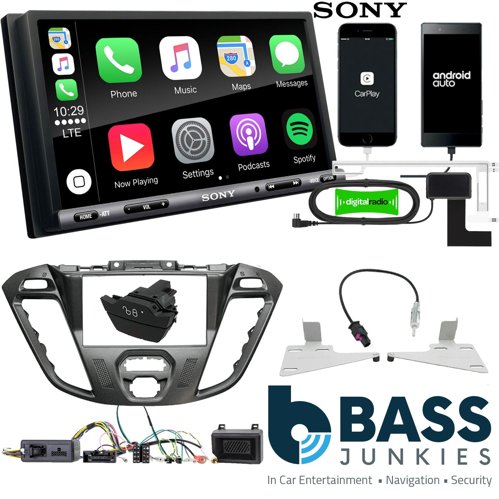 SONY DAB+ Apple | Android Double Din Stereo Fitting Kit + Steering Wheel Stalk Controls to fit Ford Transit-Custom 12-16