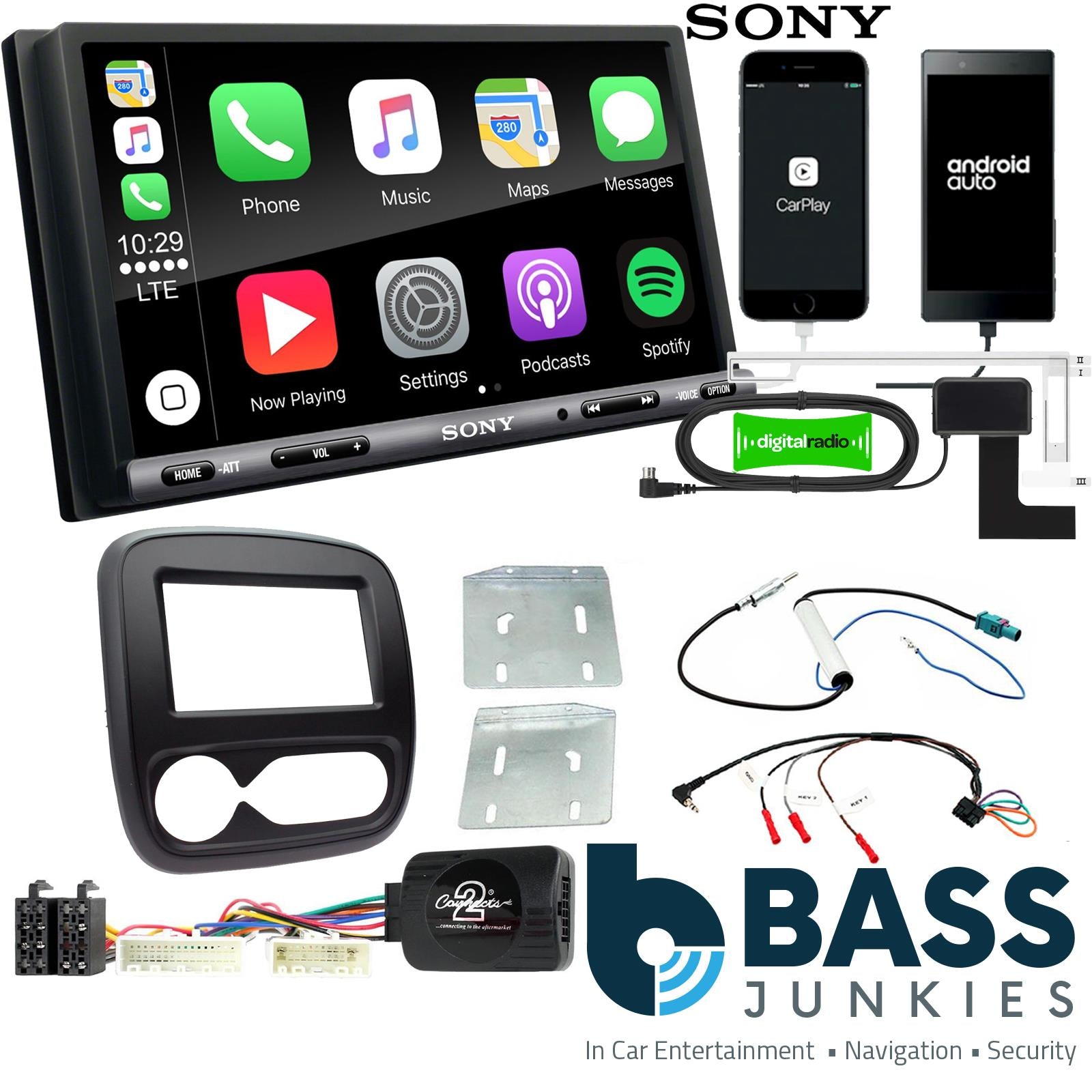 SONY DAB+ Apple | Android Double Din Stereo Fitting Kit + Steering Wheel Stalk Controls to fit Renault Trafic 2017-