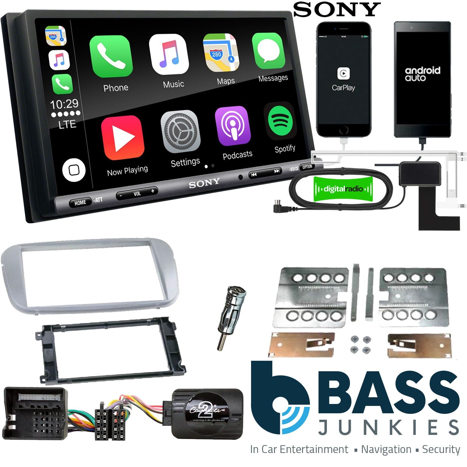 SONY DAB+ Apple | Android Double Din Stereo Fitting Kit + Steering Wheel Stalk Controls to fit Ford Focus 2007-11 | Ford Mondeo 2007-14
