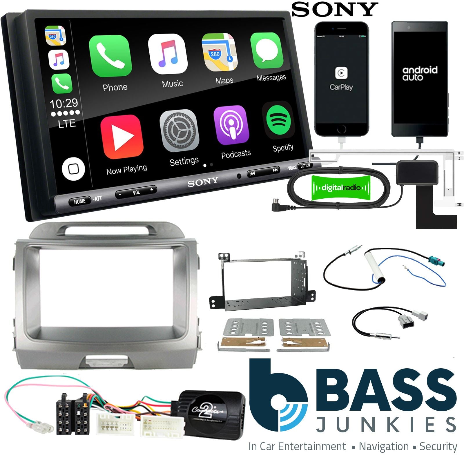SONY DAB+ Apple | Android Double Din Stereo Fitting Kit + Steering Wheel Stalk Controls to fit Kia Sportage 2010-15
