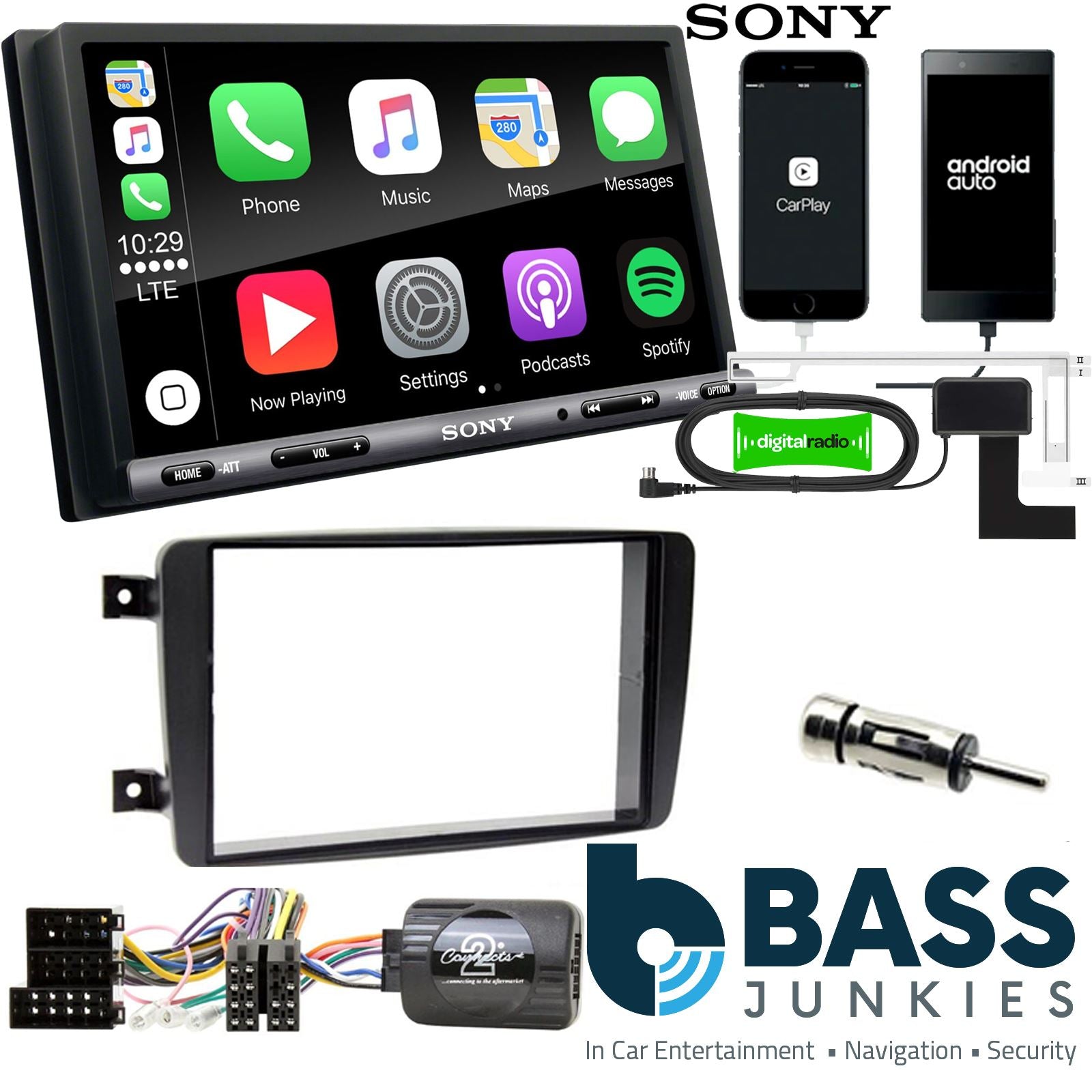 SONY DAB+ Apple | Android Double Din Stereo Fitting Kit + Steering Wheel Stalk Controls to fit Mercedes C-Class 2001-04 | Mercedes CLK 2002-04