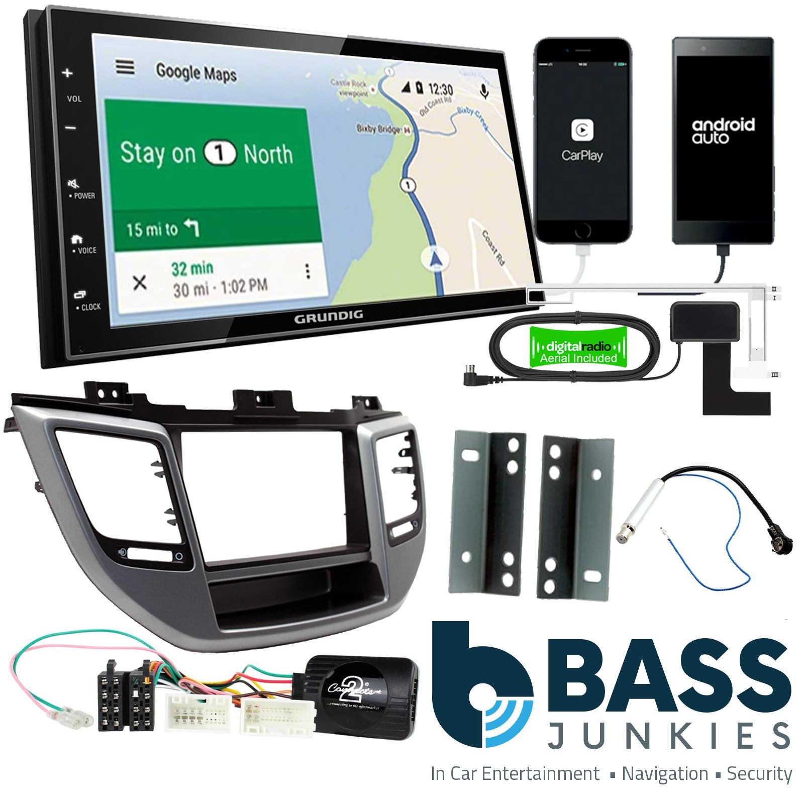 Grundig 6.8" Apple Android Double Din Stereo Fitting Kit + Steering Wheel Stalk Controls to fit Hyundai Tucson 2015-21