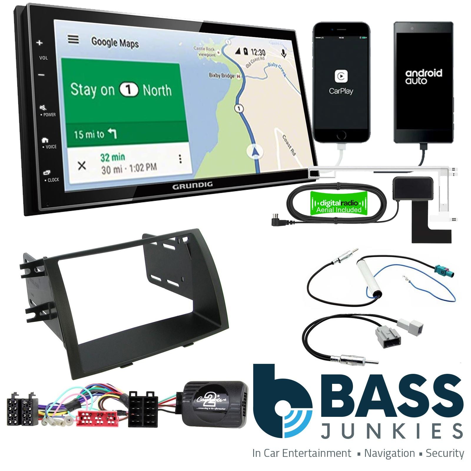 Grundig 6.8" Apple Android Double Din Stereo Fitting Kit + Steering Wheel Stalk Controls to fit Kia Sorento 2009-11