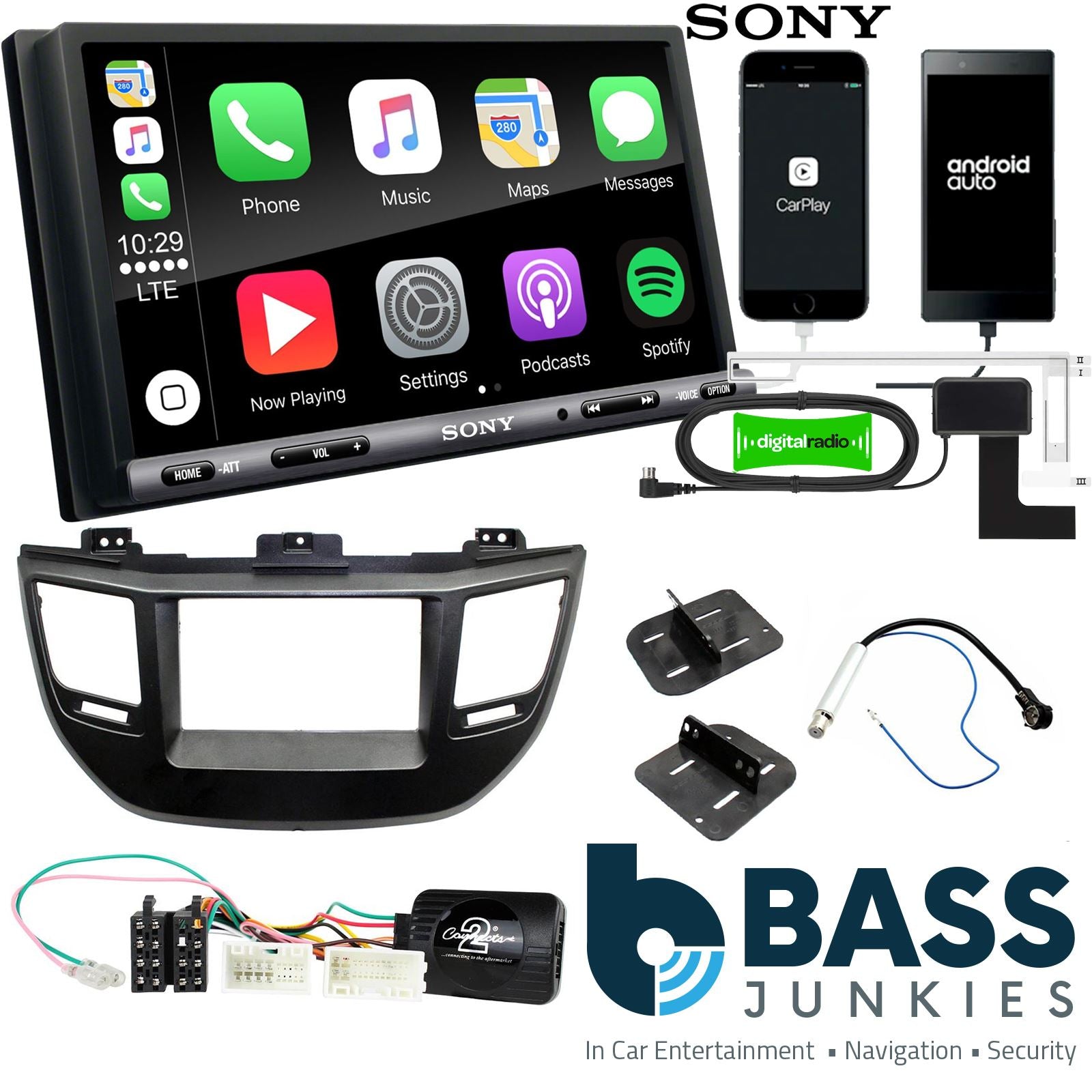 SONY DAB+ Apple | Android Double Din Stereo Fitting Kit + Steering Wheel Stalk Controls to fit Hyundai Tucson 2015-21