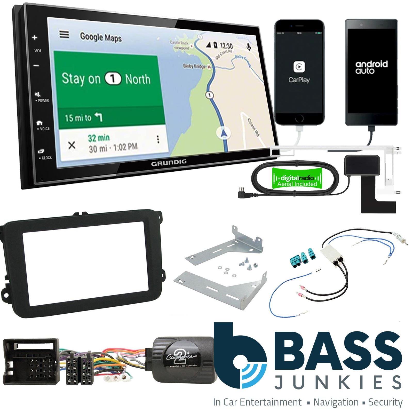 Grundig 6.8" Apple Android Double Din Stereo & Fitting Kit + Steering Wheel Stalk Controls to fit VW EOS 06-15 | Tiguan 07-15 | Golf 03-13 | Touran 06-10 | Polo 09-14 | Jetta 05-11 | Scirocco 08-14