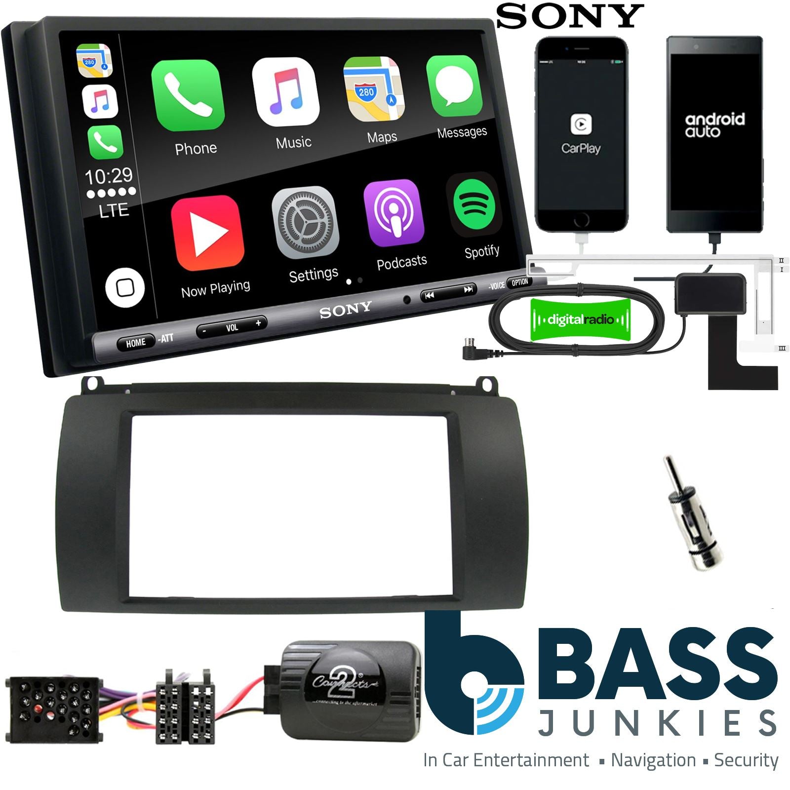 SONY DAB+ Apple | Android Double Din Stereo Fitting Kit + Steering Wheel Stalk Controls to fit Rover 75 2000-05
