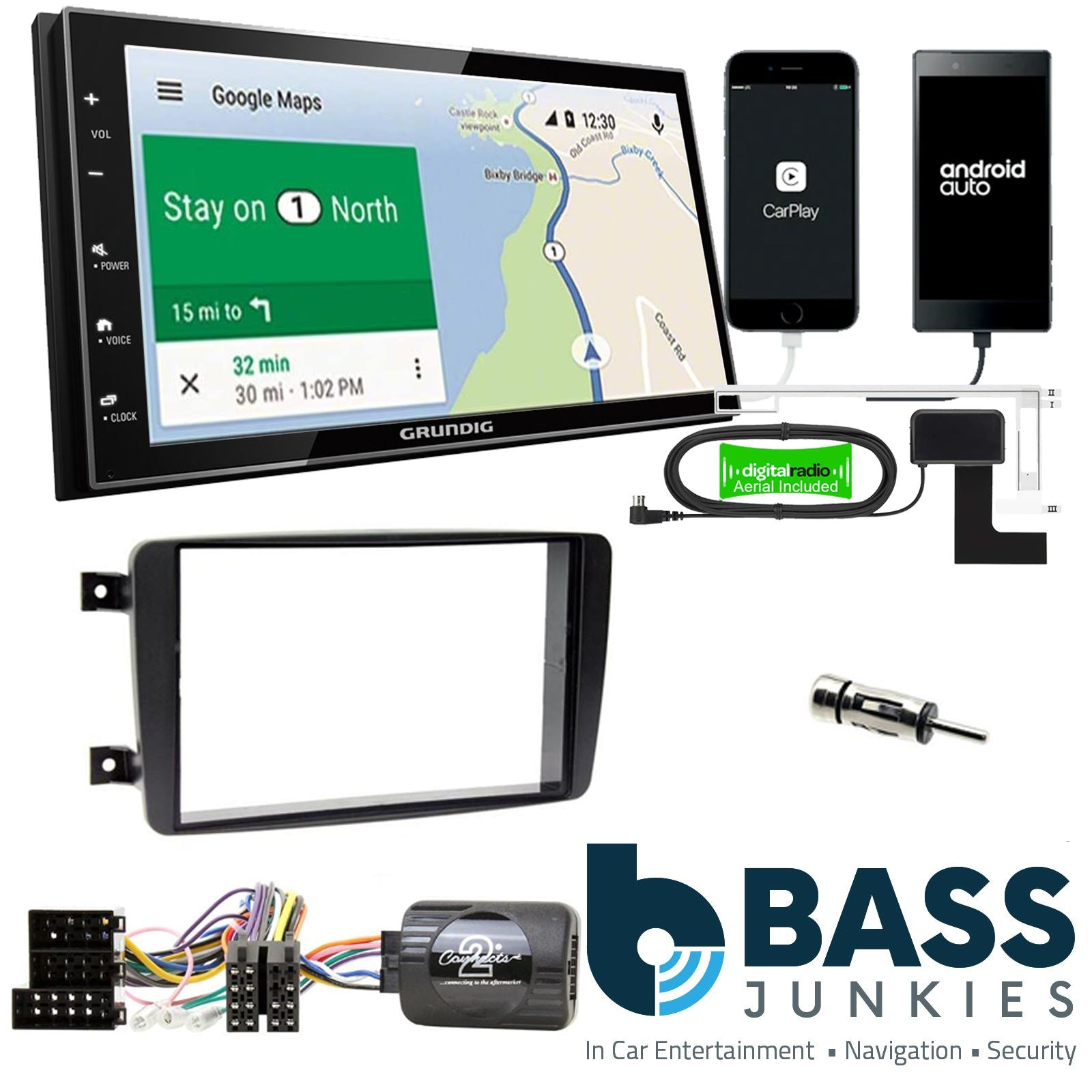 Grundig 6.8" Apple Android Double Din Stereo Fitting Kit + Steering Wheel Stalk Controls to fit Mercedes C-Class 2001-04 | Mercedes CLK 2002-04