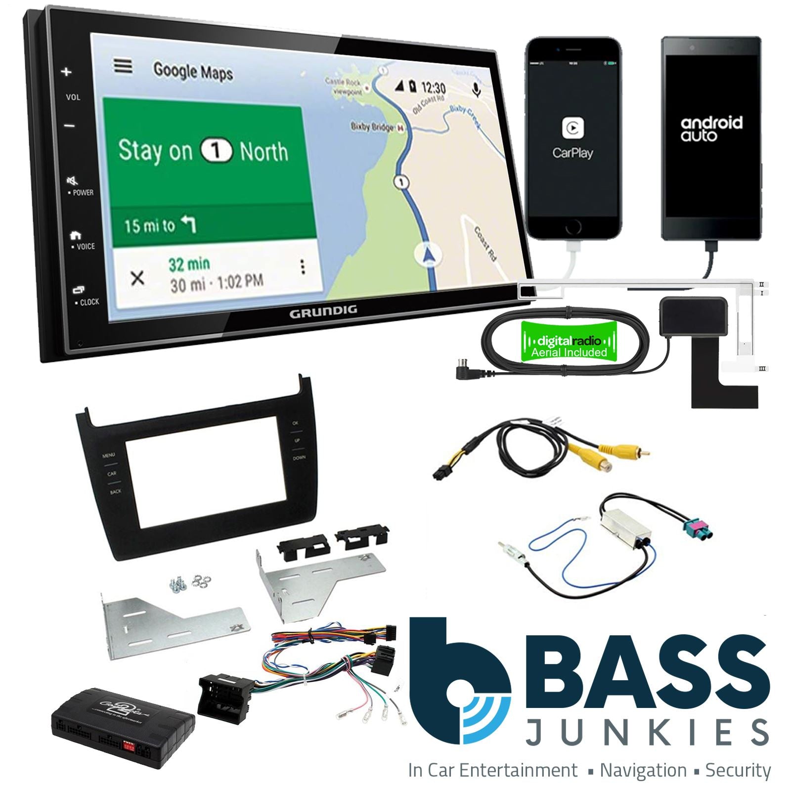 Grundig 6.8" Apple Android Double Din Stereo Fitting Kit + Steering Wheel Stalk Controls to fit VW Polo 2012-17