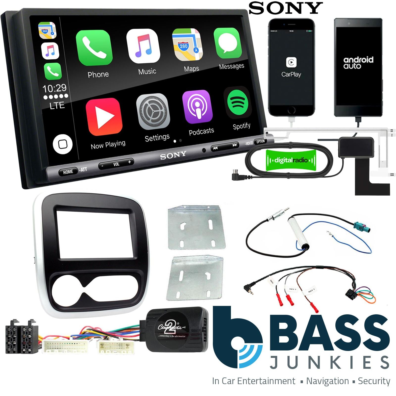 SONY DAB+ Apple | Android Double Din Stereo Fitting Kit + Steering Wheel Stalk Controls to fit Renault Trafic 2017-