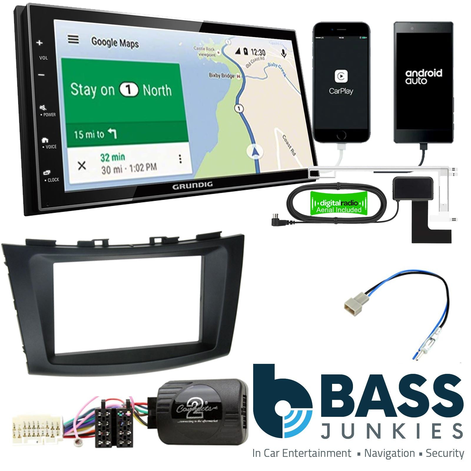 Grundig 6.8" Apple Android Double Din Stereo Fitting Kit + Steering Wheel Stalk Controls to fit Suzuki Swift 2011-17