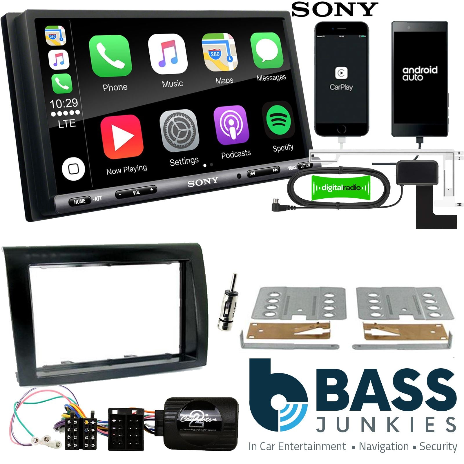 SONY DAB+ Apple | Android Double Din Stereo Fitting Kit + Steering Wheel Stalk Controls to fit Fiat Bravo 2007-14