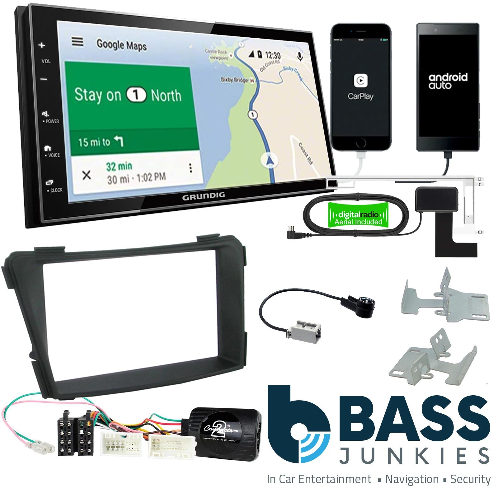 Grundig 6.8" Apple Android Double Din Stereo Fitting Kit + Steering Wheel Stalk Controls to fit Hyundai i40 2011-