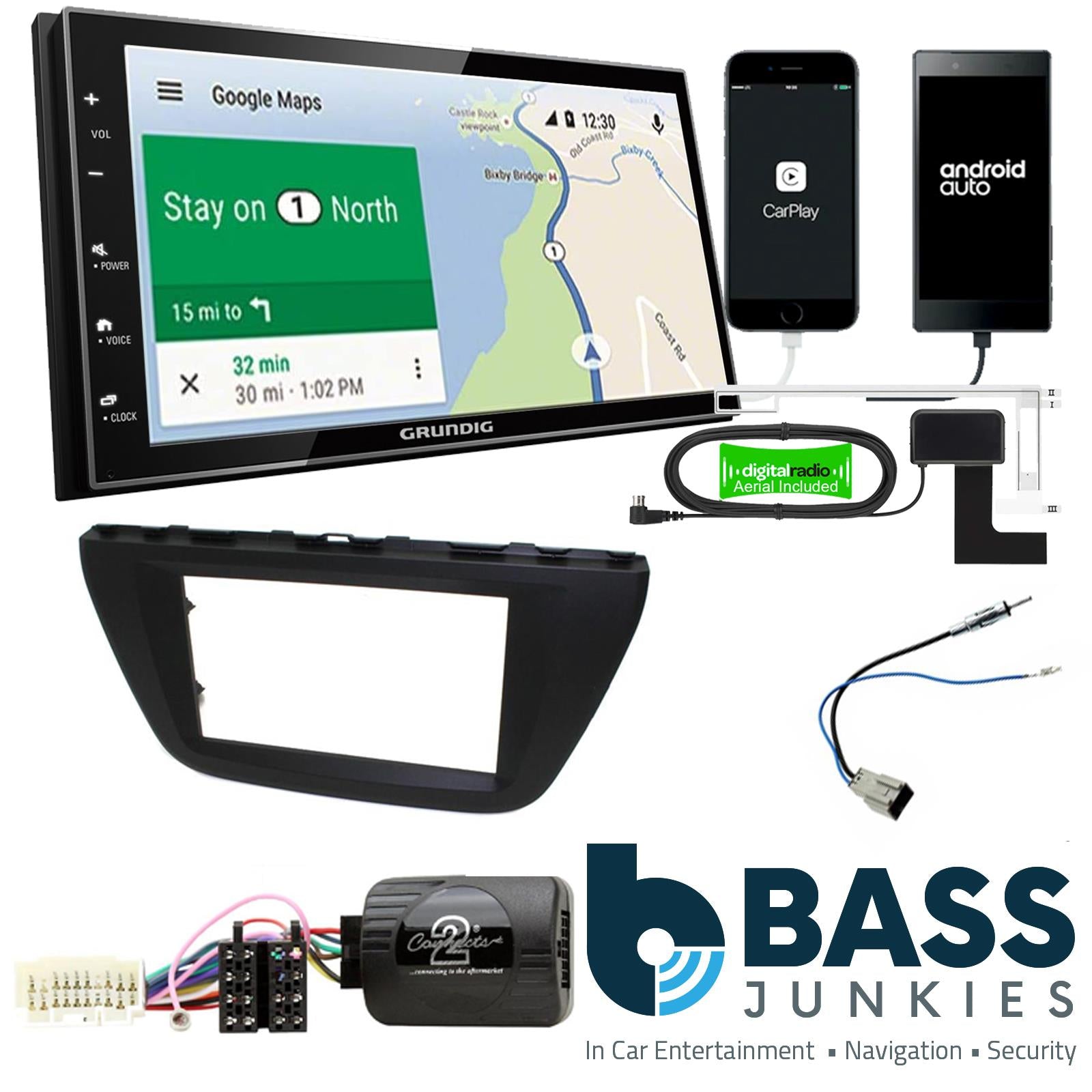 Grundig 6.8" Apple Android Double Din Stereo Fitting Kit + Steering Wheel Stalk Controls to fit Suzuki SX4-S-Cross 13-17