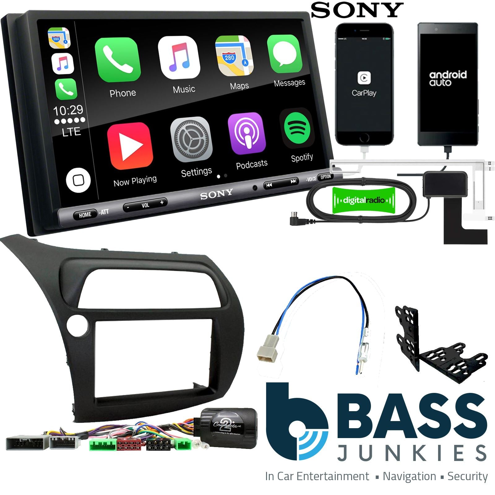 SONY DAB+ Apple | Android Double Din Stereo Fitting Kit + Steering Wheel Stalk Controls to fit Honda Civic 2006-11
