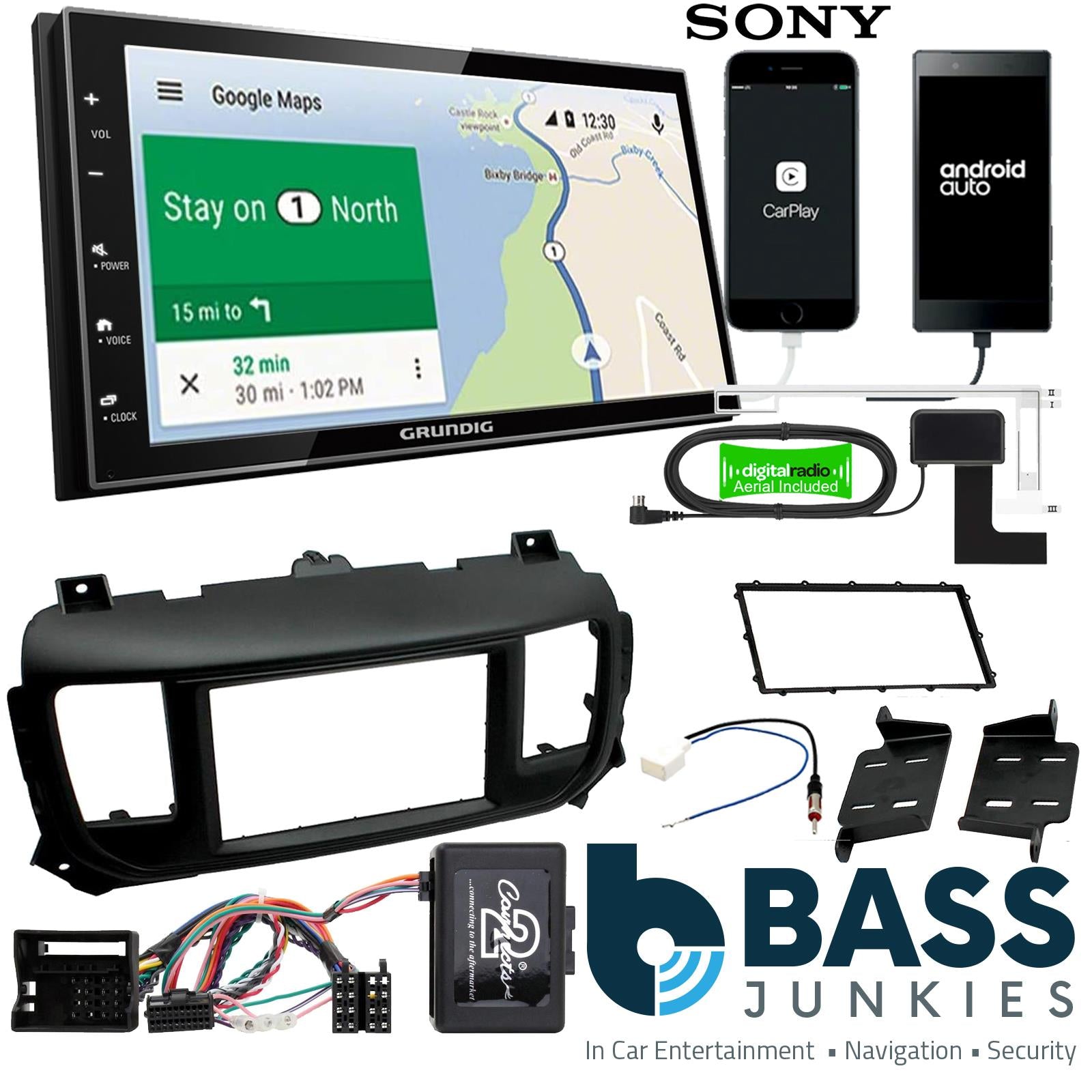 Grundig 6.8" Apple Android Double Din Stereo Fitting Kit + Steering Wheel Stalk Controls to fit Toyota Proace 2016-