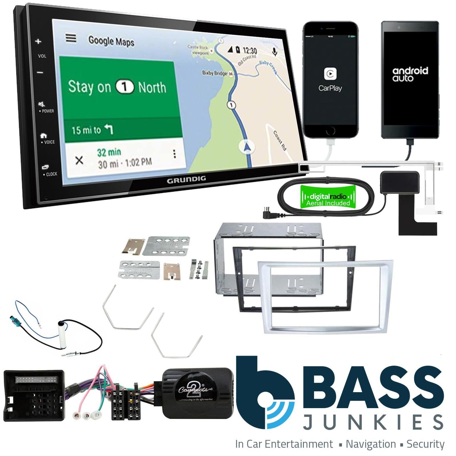 Grundig 6.8" Apple Android Double Din Stereo Fitting Kit + Steering Wheel Stalk Controls to fit Vauxhall Astra 2004-10 | Vauxhall Corsa 2006-09 | Vauxhall Antara 2006-10 | Vauxhall Zafira 2005-14