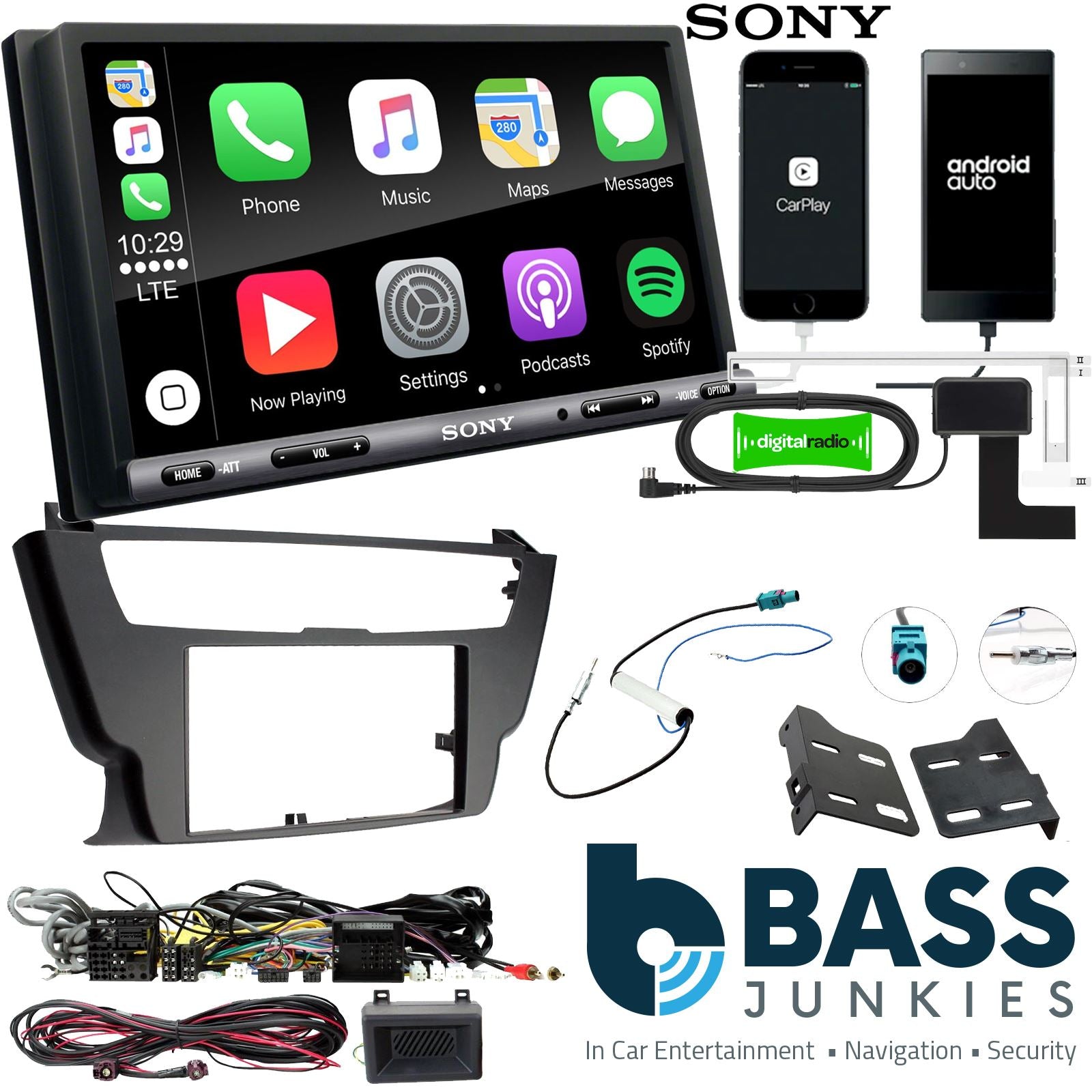 SONY DAB+ Apple | Android Double Din Stereo Fitting Kit + Steering Wheel Stalk Controls to fit BMW 3-Series 2012-16 | BMW 4-Series 2012-16