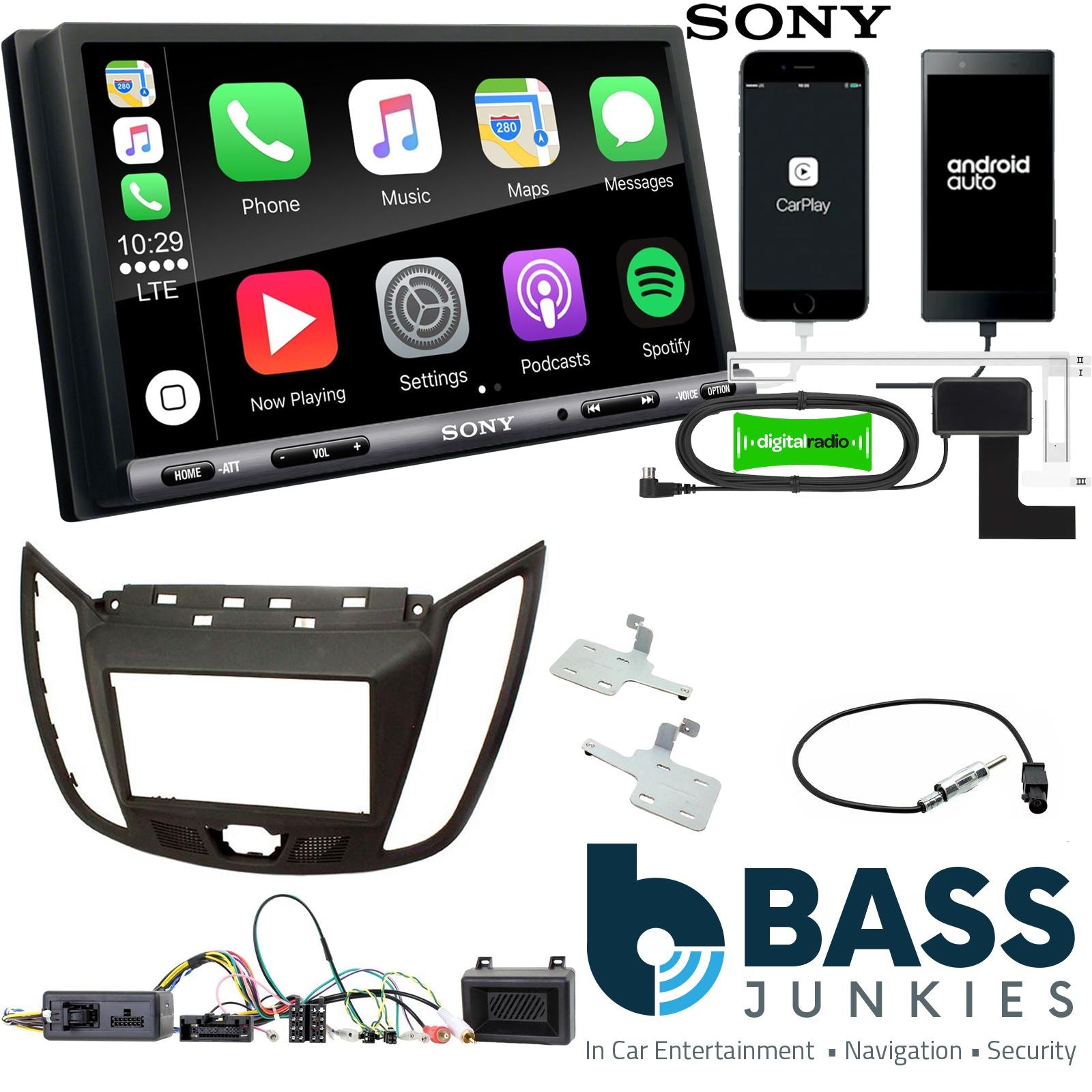SONY DAB+ Apple | Android Double Din Stereo Fitting Kit + Steering Wheel Stalk Controls to fit Ford C-Max 2010-