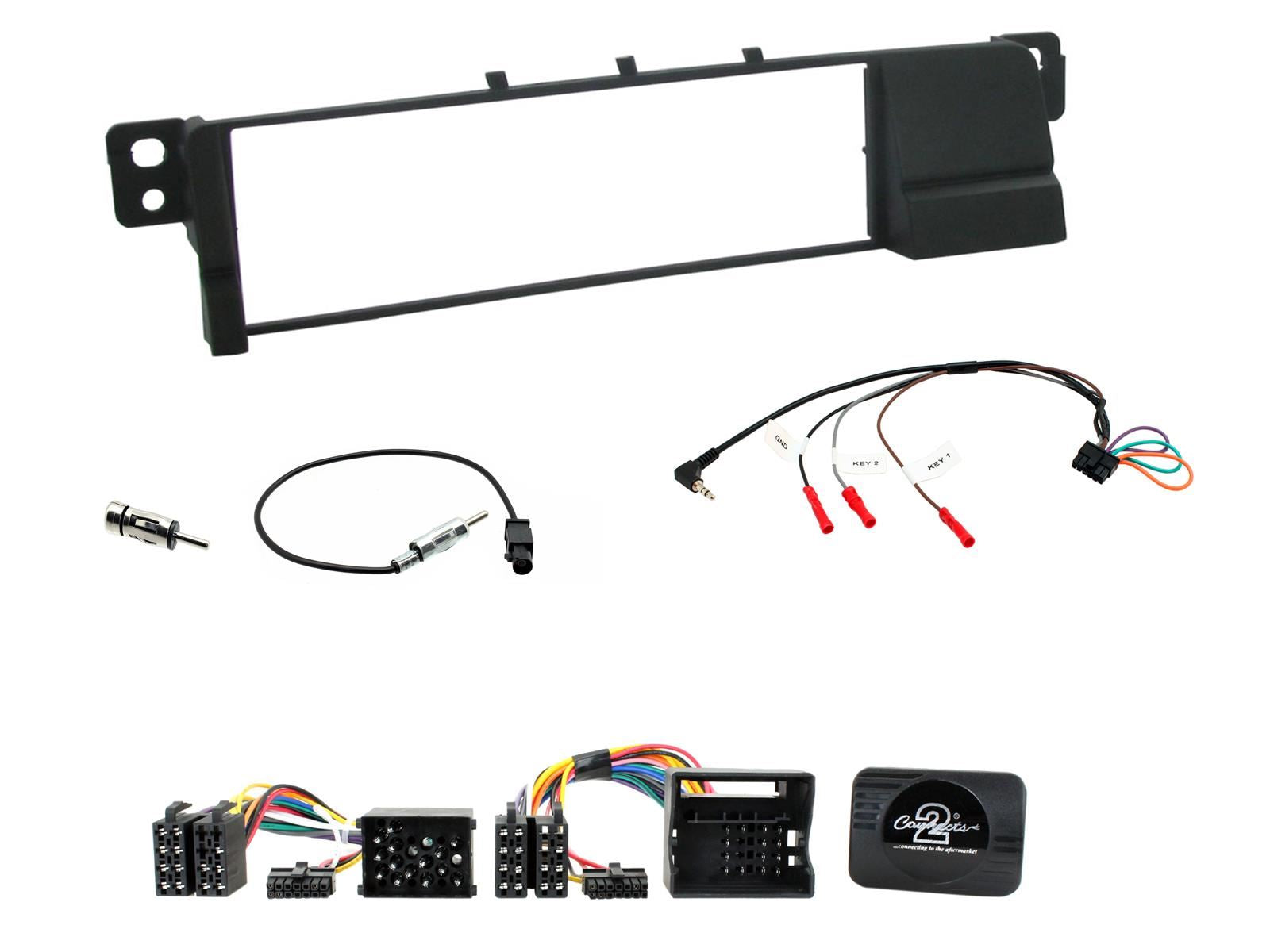 Connects 2 CTKBM07 - BMW 3 Series E46 1998 - 2005 Single Din Facia & Steering wheel Interface Fitting Installation Kit
