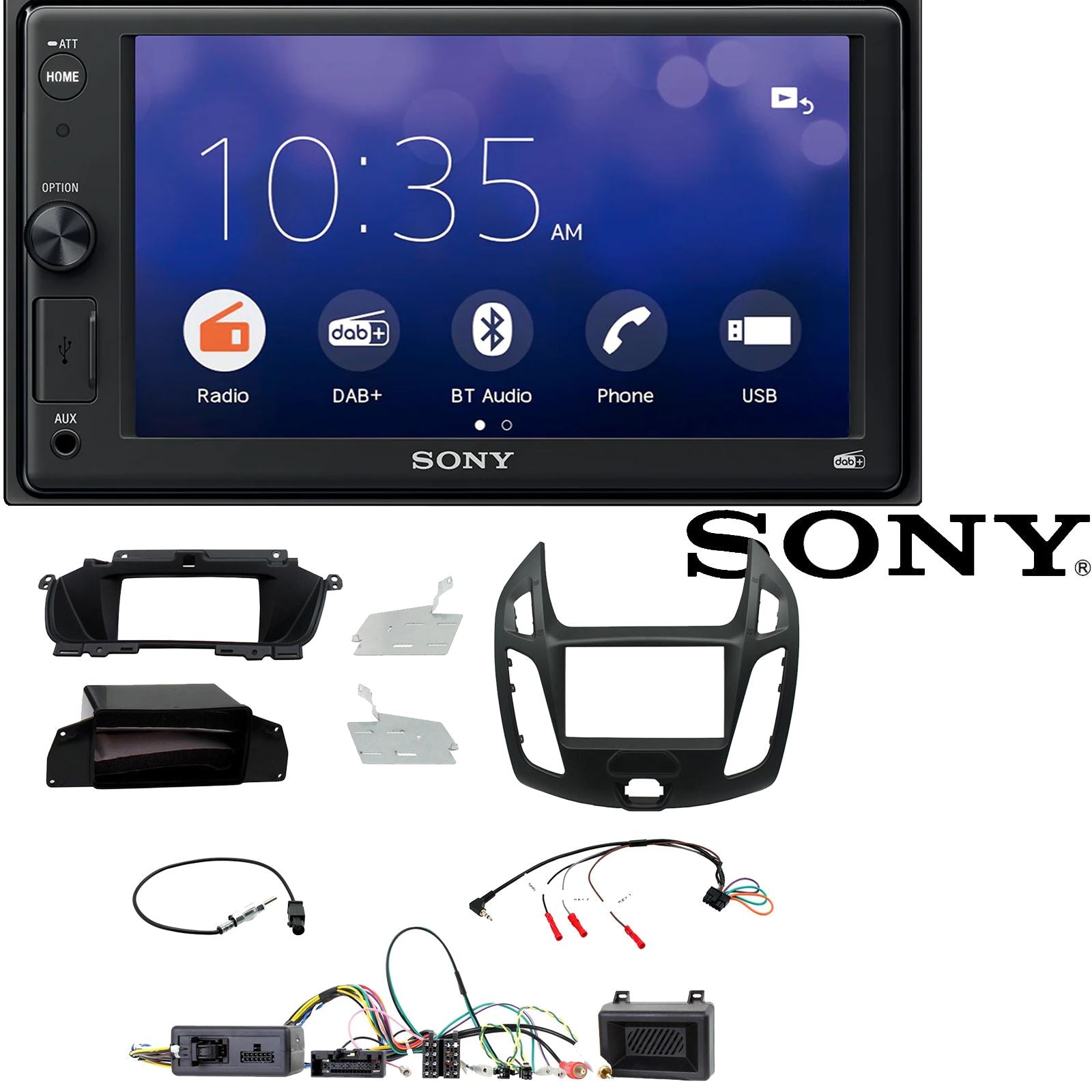 SONY 6.2" Screen Blutooth Double Din Stereo Fitting Kit + Steering Wheel Stalk Controls to fit Ford Transit-Connect 13-