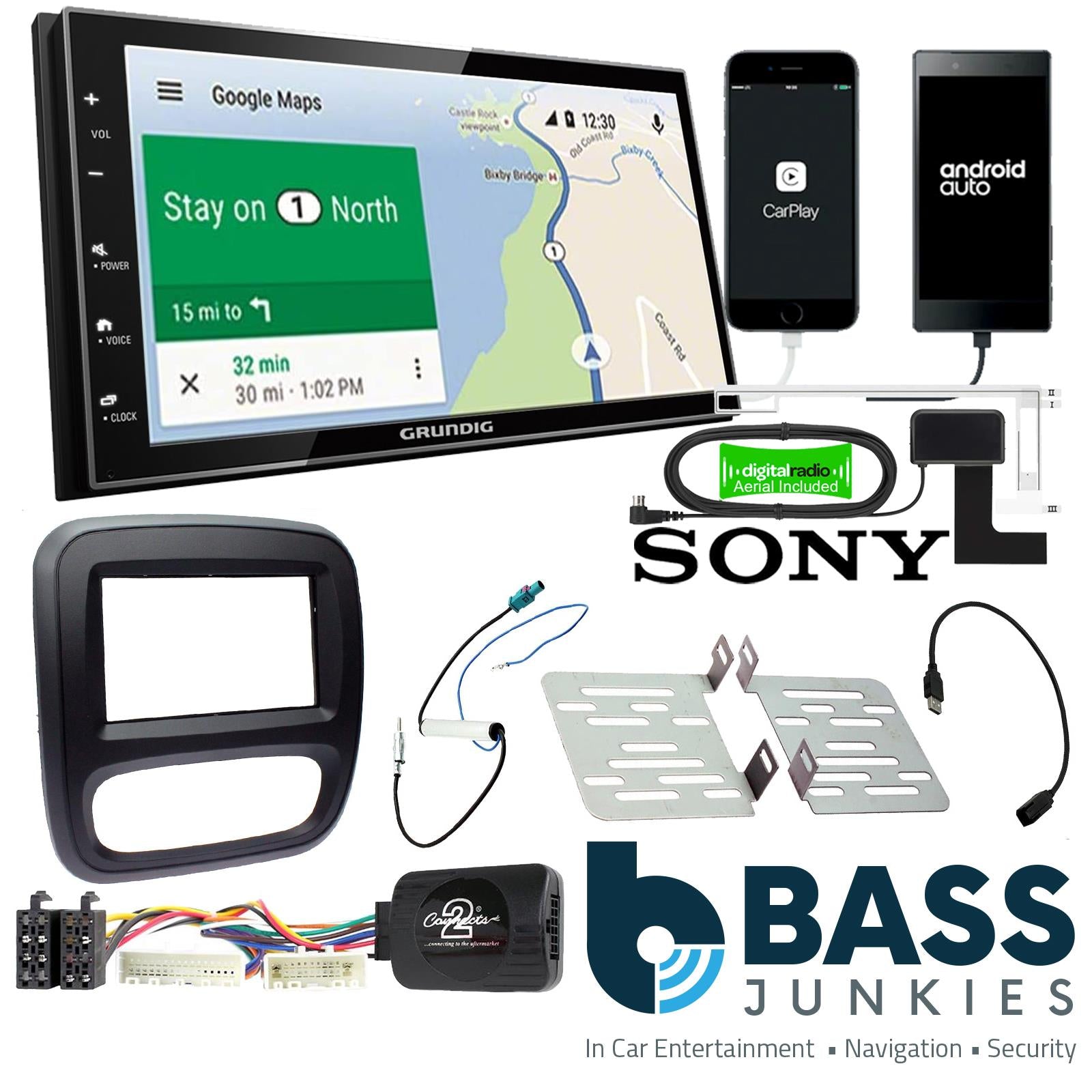 Grundig 6.8" Apple Android Double Din Stereo Fitting Kit + Steering Wheel Stalk Controls to fit Opel Vivaro 2014- | Vauxhall Vivaro 2014-18