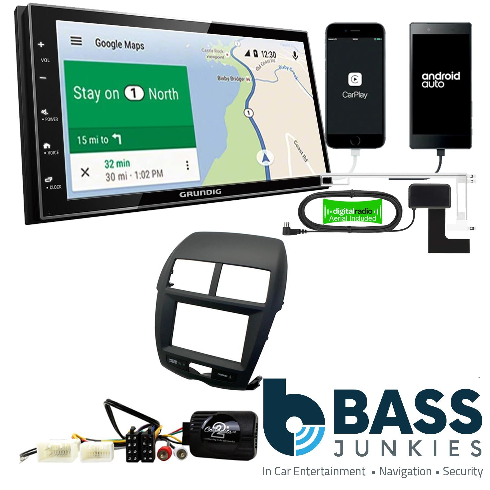 Grundig 6.8" Apple Android Double Din Stereo Fitting Kit + Steering Wheel Stalk Controls to fit Mitsubishi ASX 2010-14