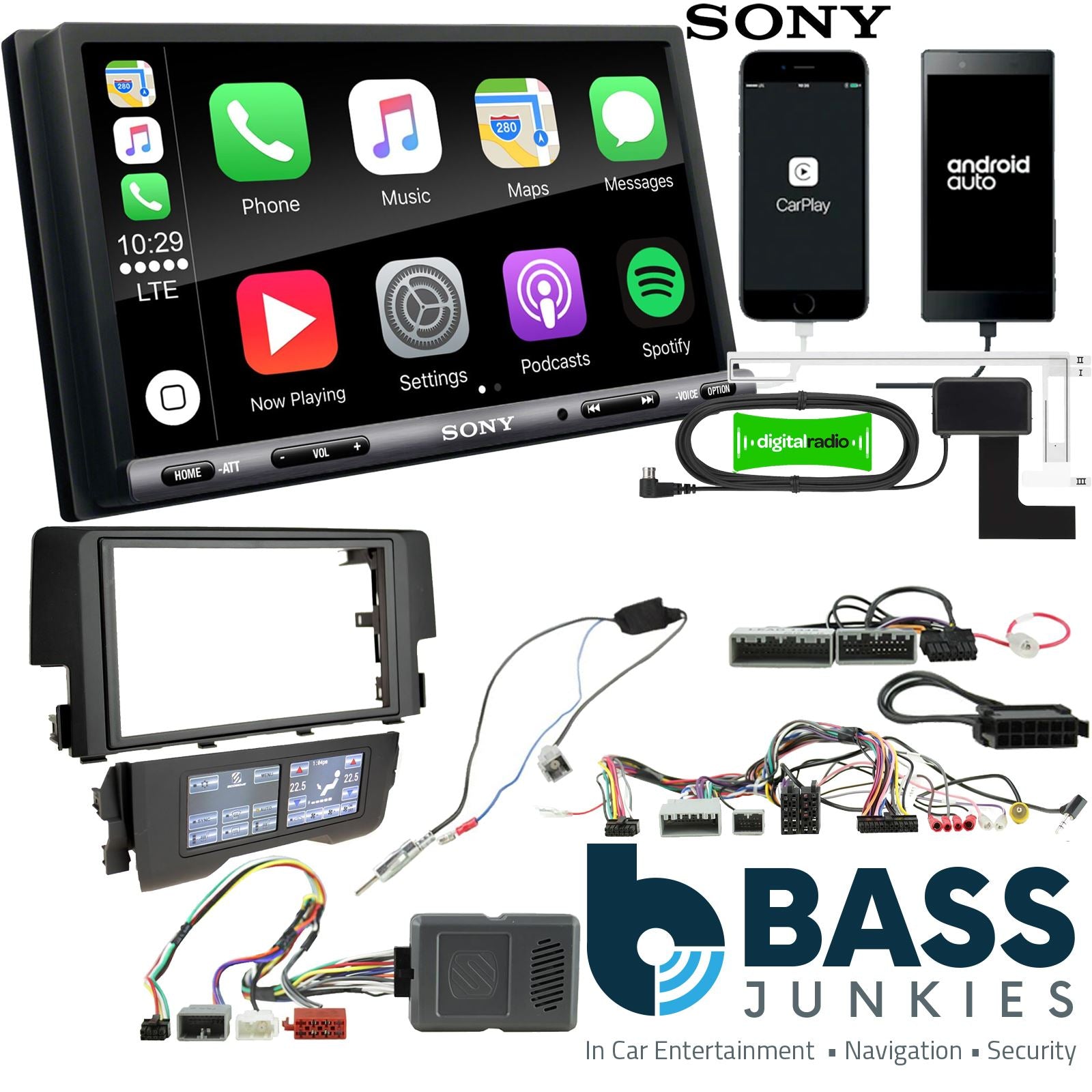 SONY DAB+ Apple | Android Double Din Stereo Fitting Kit + Steering Wheel Stalk Controls to fit Honda Civic 2016-21