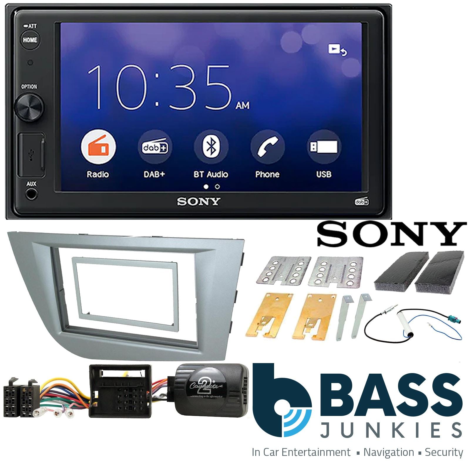 SONY 6.2" Screen Blutooth Double Din Stereo Fitting Kit + Steering Wheel Stalk Controls to fit Seat Leon 2005-12