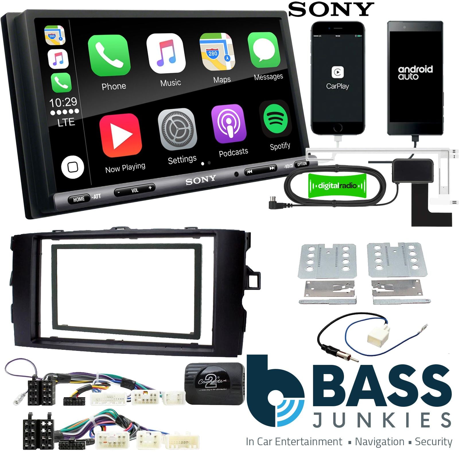 SONY DAB+ Apple | Android Double Din Stereo Fitting Kit + Steering Wheel Stalk Controls to fit Toyota Auris 2007-12