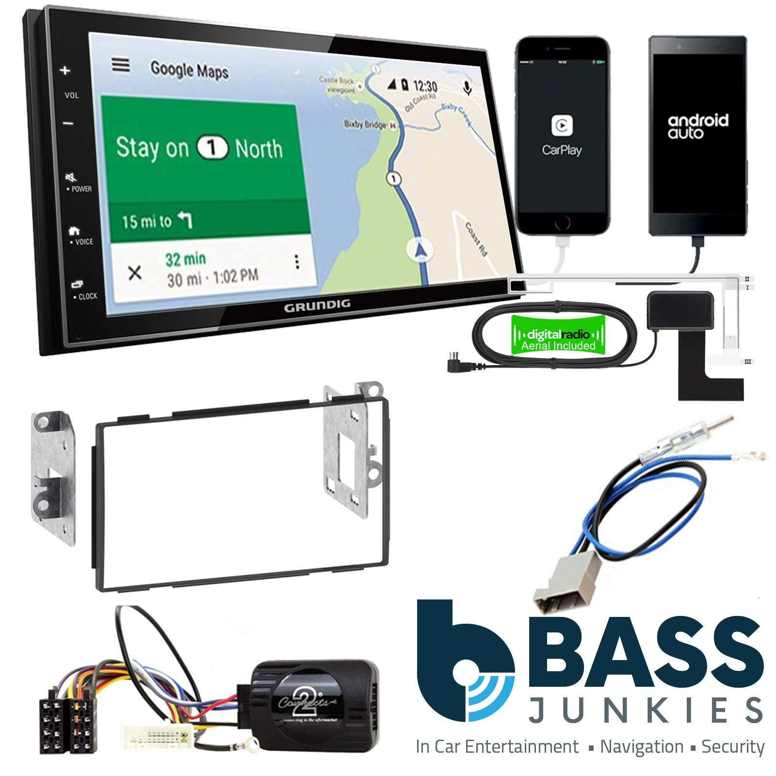 Grundig 6.8" Apple Android Double Din Stereo Fitting Kit + Steering Wheel Stalk Controls to fit Nissan Qashqai 2007-13