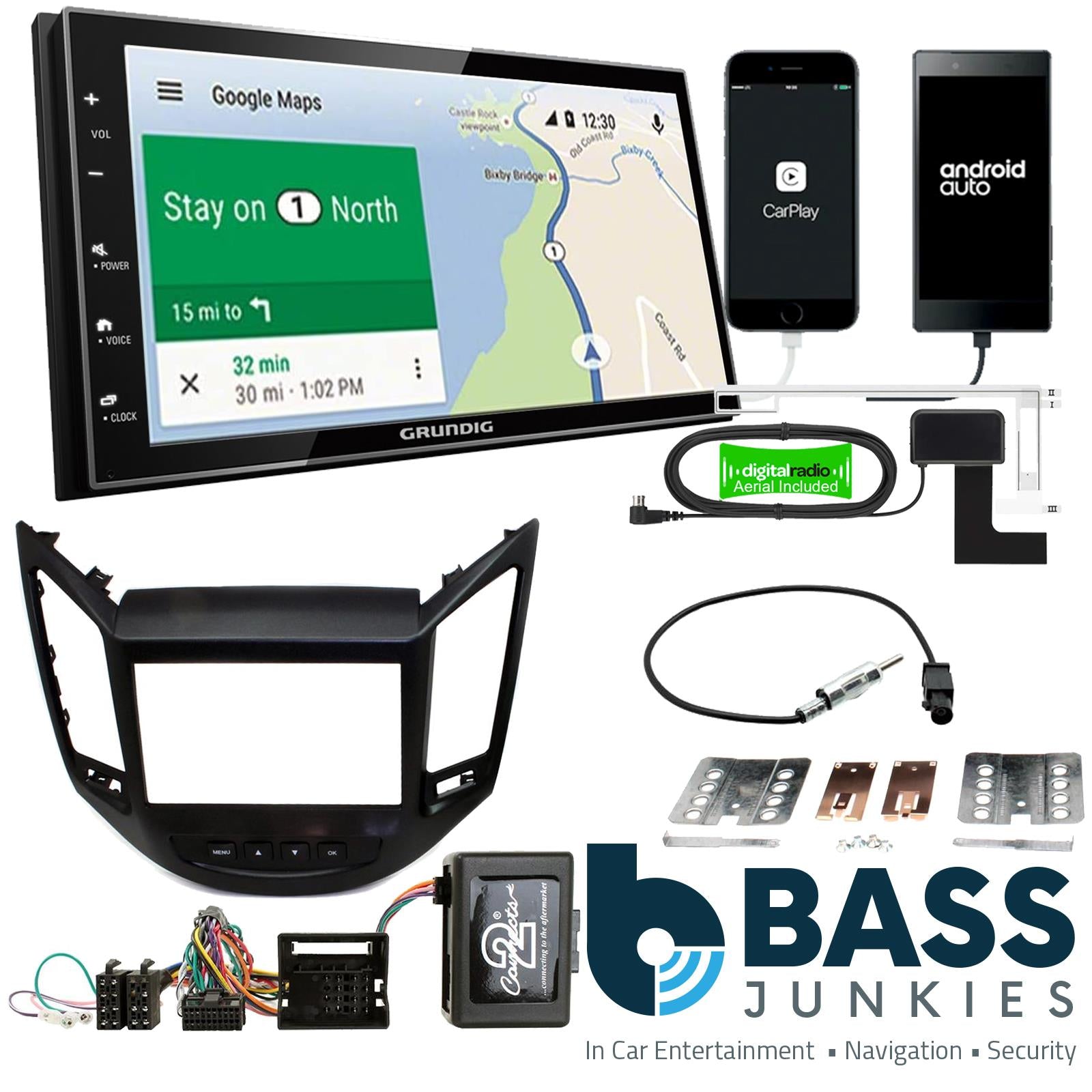Grundig 6.8" Apple Android Double Din Stereo Fitting Kit + Steering Wheel Stalk Controls to fit Chevrolet Orlando 2010-21