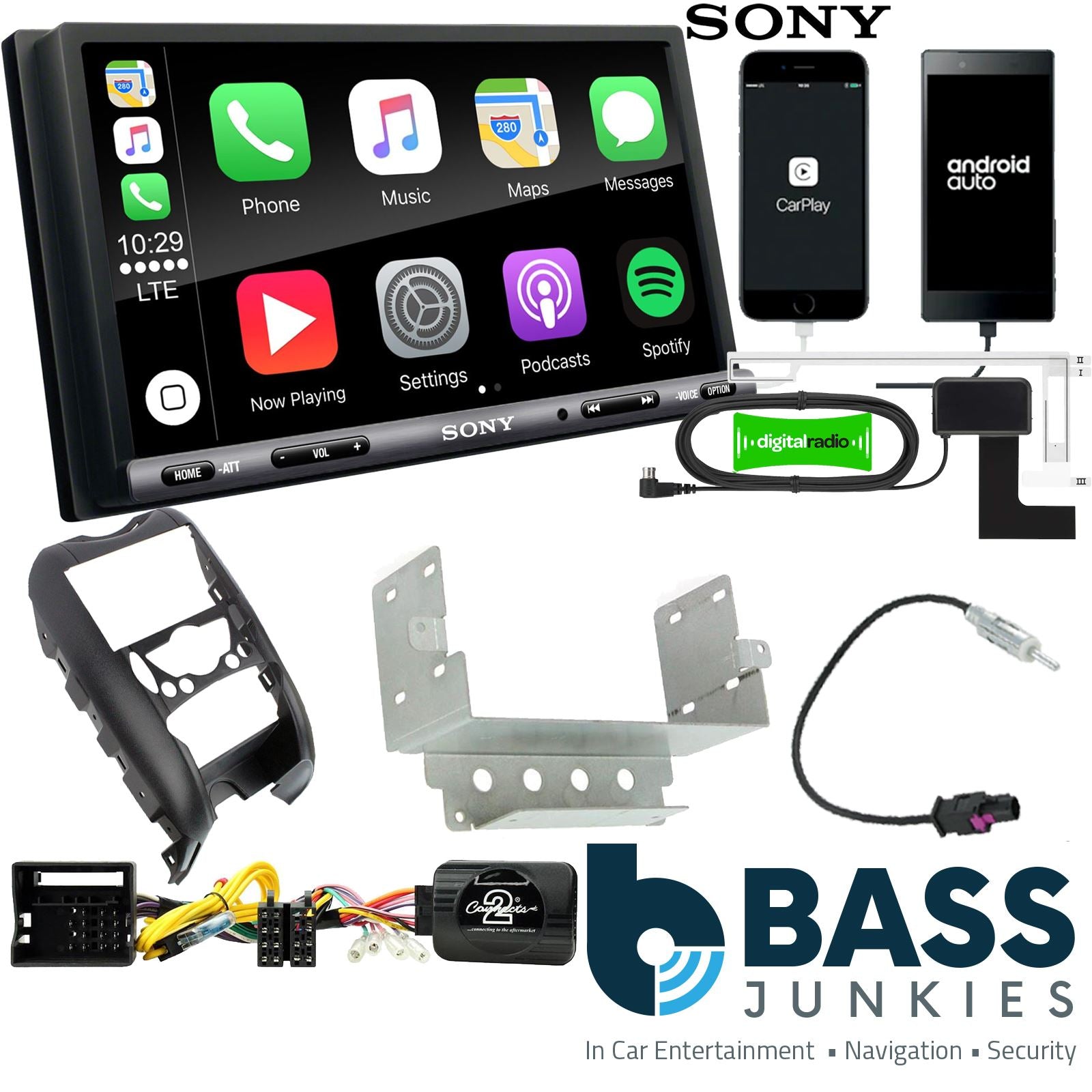 SONY DAB+ Apple | Android Double Din Stereo Fitting Kit + Steering Wheel Stalk Controls to fit BMW Mini 2006-13