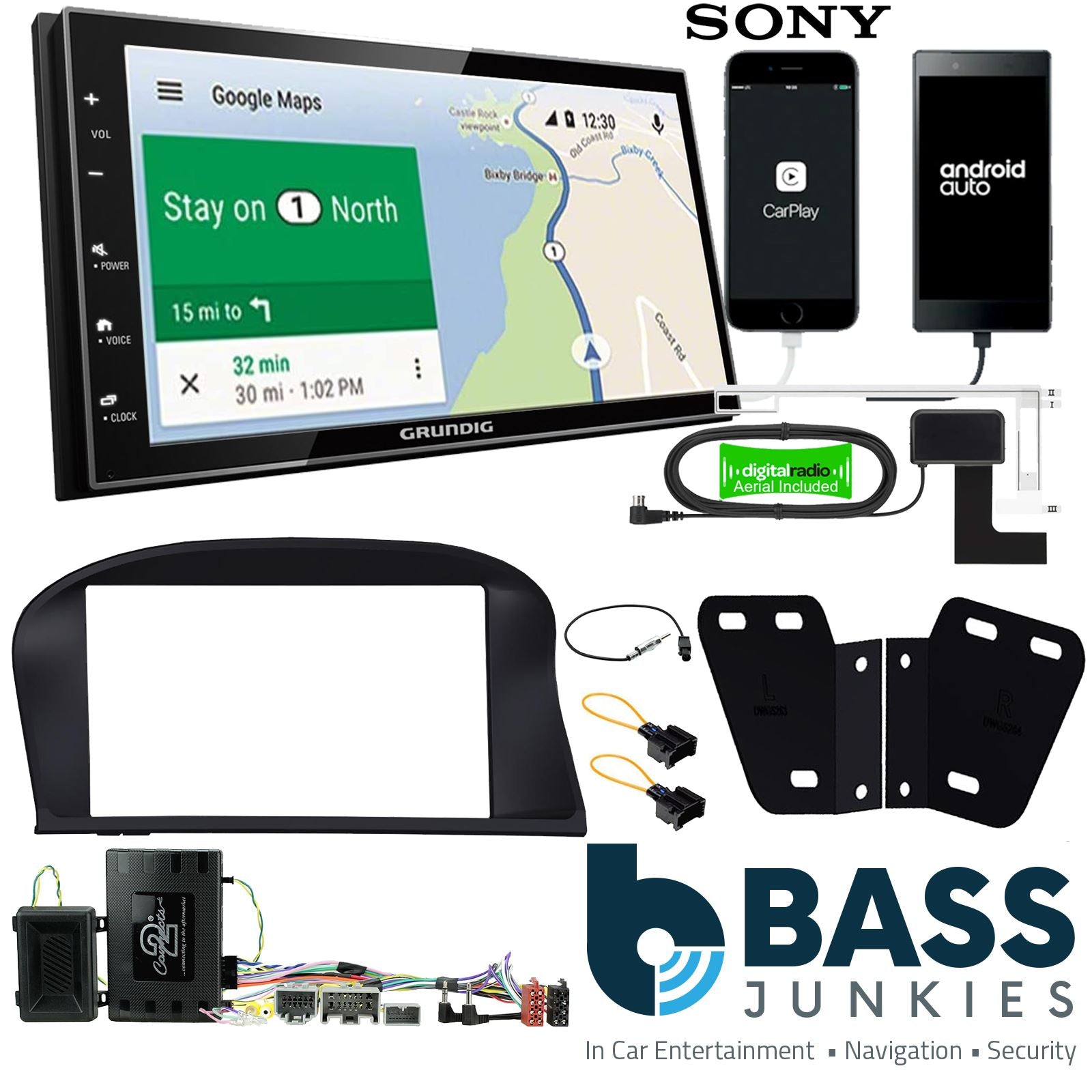 Grundig 6.8" Apple Android Double Din Stereo Fitting Kit + Steering Wheel Stalk Controls to fit Volvo V70 2012-16 | Volvo XC70 2012-16