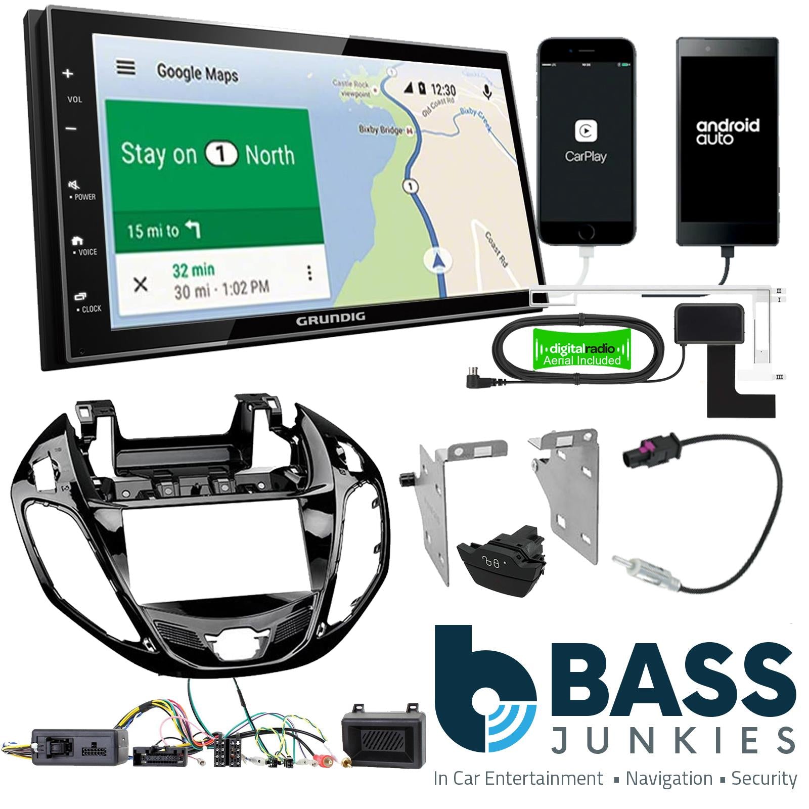 Grundig 6.8" Apple Android Double Din Stereo Fitting Kit + Steering Wheel Stalk Controls to fit Ford B-Max 2012-17