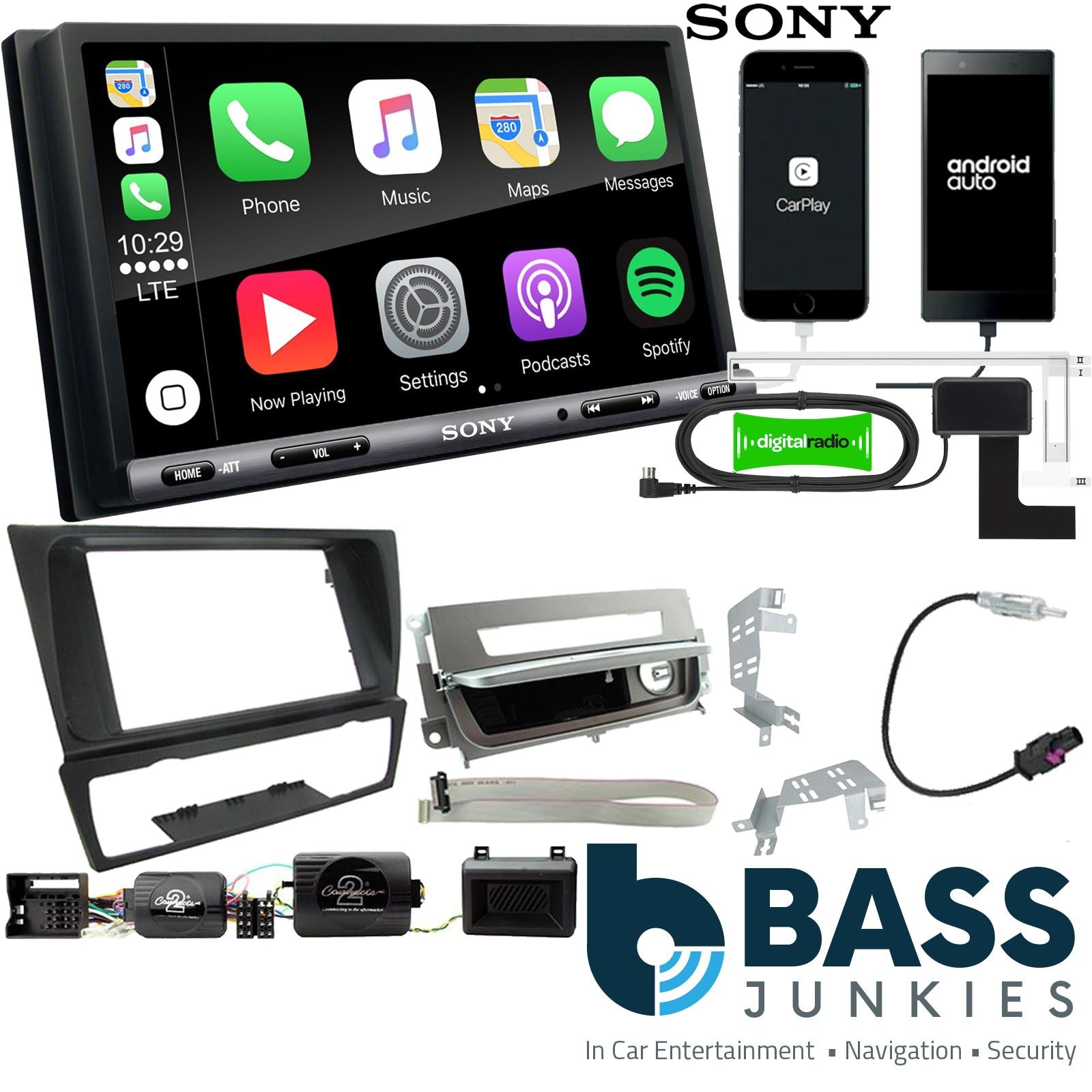 SONY DAB+ Apple | Android Double Din Stereo Fitting Kit + Steering Wheel Stalk Controls to fit BMW 3-Series 2005-12