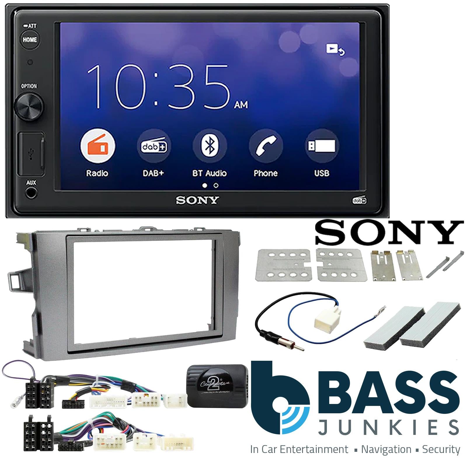 SONY 6.2" Screen Blutooth Double Din Stereo Fitting Kit + Steering Wheel Stalk Controls to fit Toyota Auris 2007-12