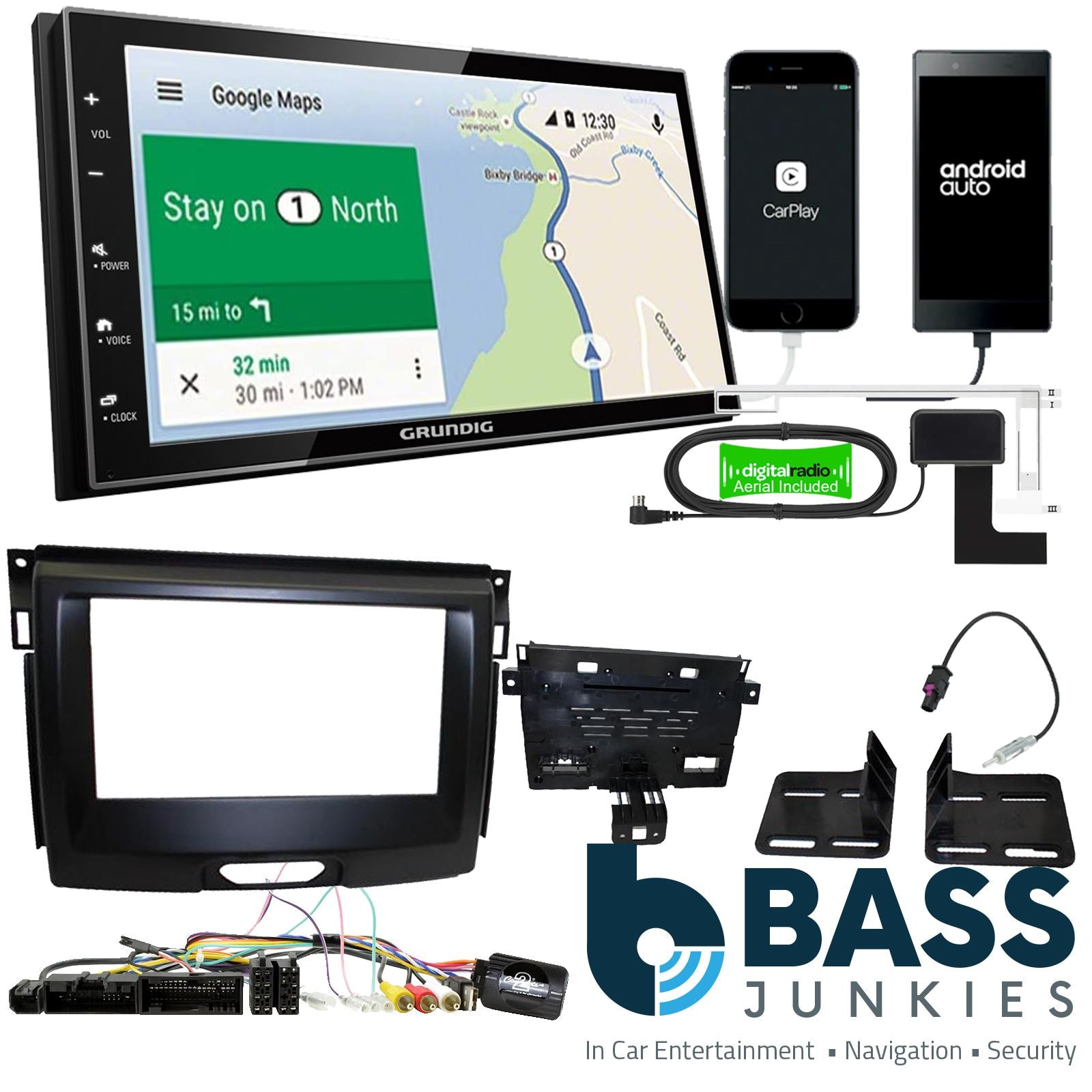 Grundig 6.8" Apple Android Double Din Stereo Fitting Kit + Steering Wheel Stalk Controls to fit Ford Ranger 2015-20 | Ford Ranger 2019-20