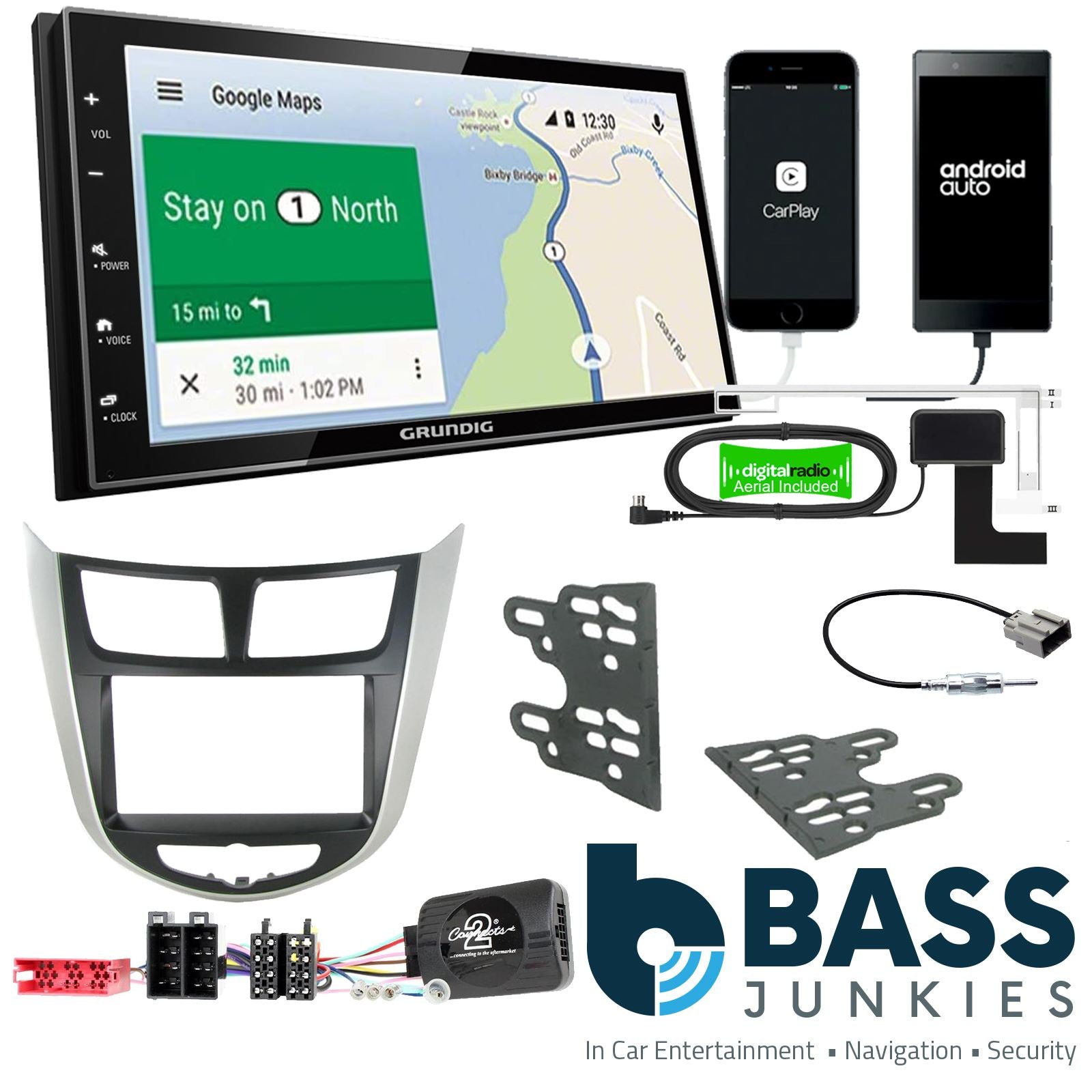 Grundig 6.8" Apple Android Double Din Stereo Fitting Kit + Steering Wheel Stalk Controls to fit Hyundai Solaris 2011- | Hyundai Verna 2011-