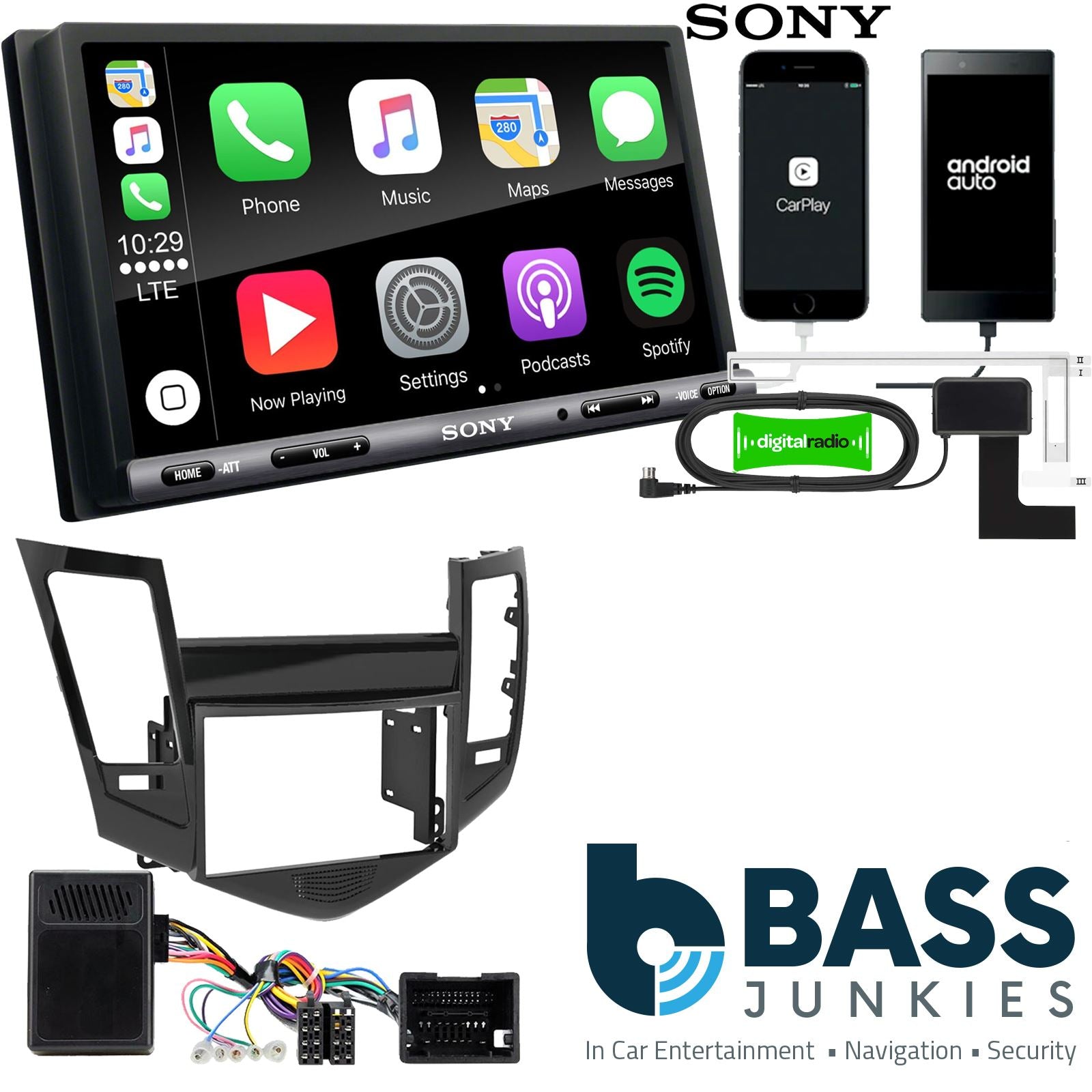 SONY DAB+ Apple | Android Double Din Stereo Fitting Kit + Steering Wheel Stalk Controls to fit Chevrolet Cruze 2009-12