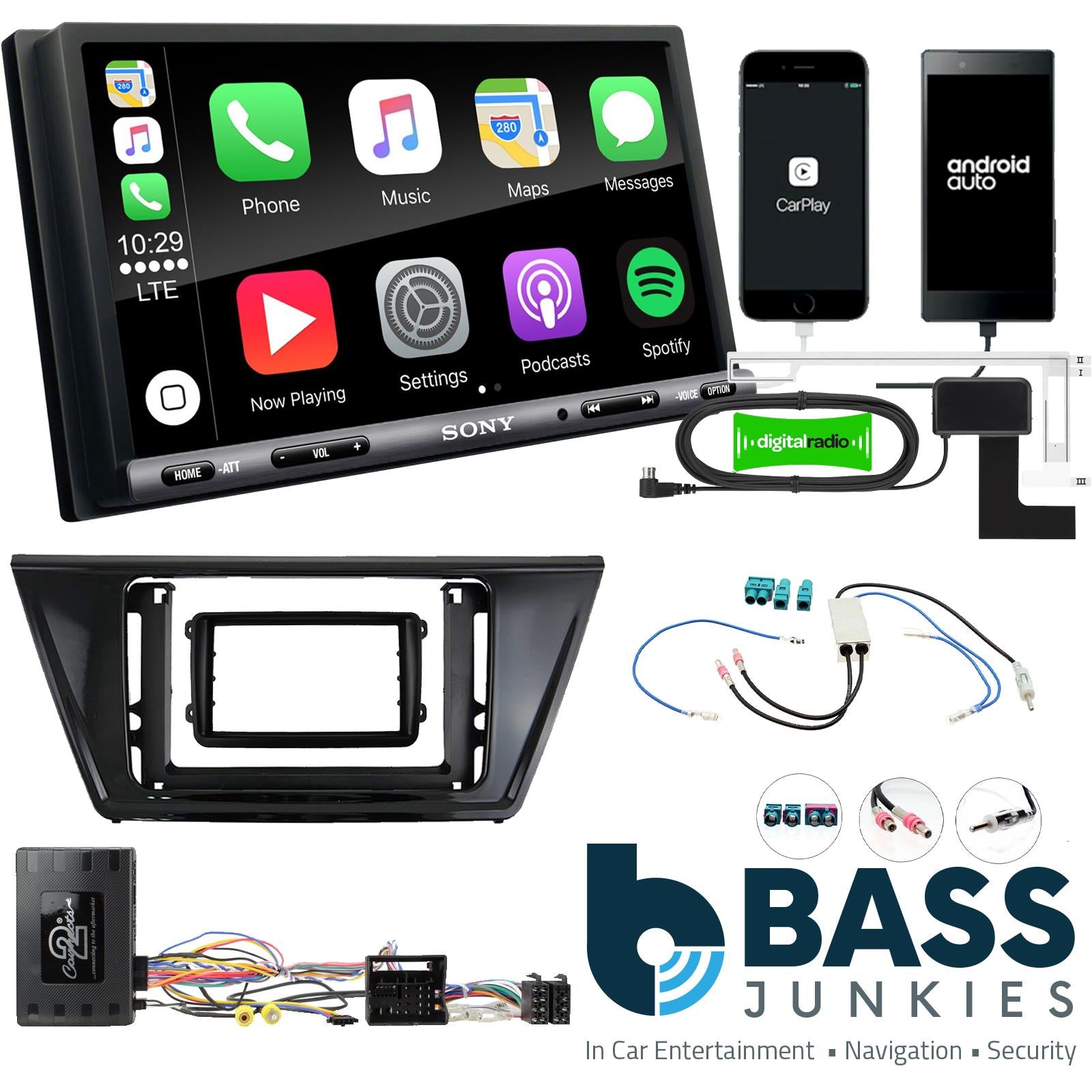 SONY DAB+ Apple | Android Double Din Stereo Fitting Kit + Steering Wheel Stalk Controls to fit VW Touran 2016-