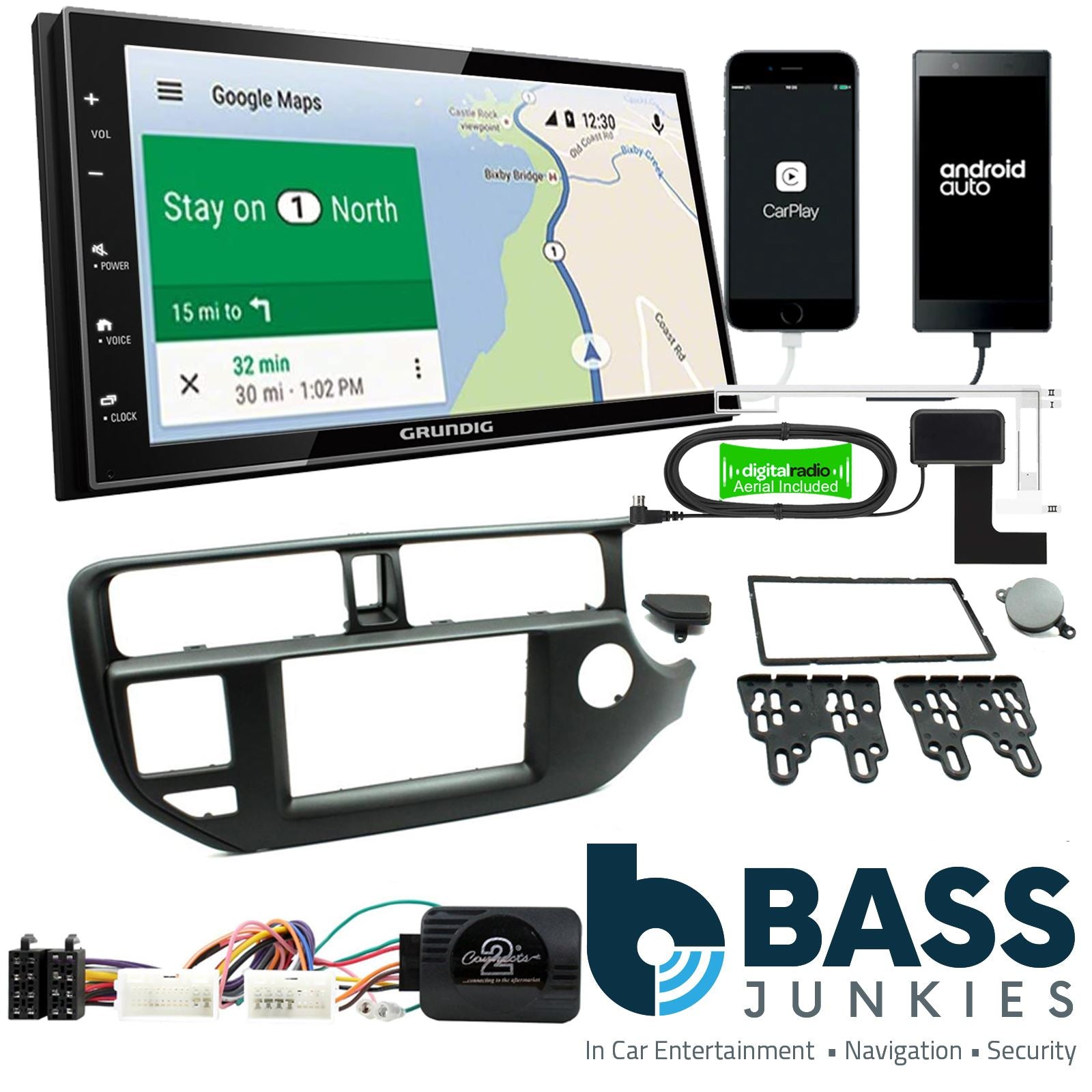 Grundig 6.8" Apple Android Double Din Stereo Fitting Kit + Steering Wheel Stalk Controls to fit Kia Rio 2011-17