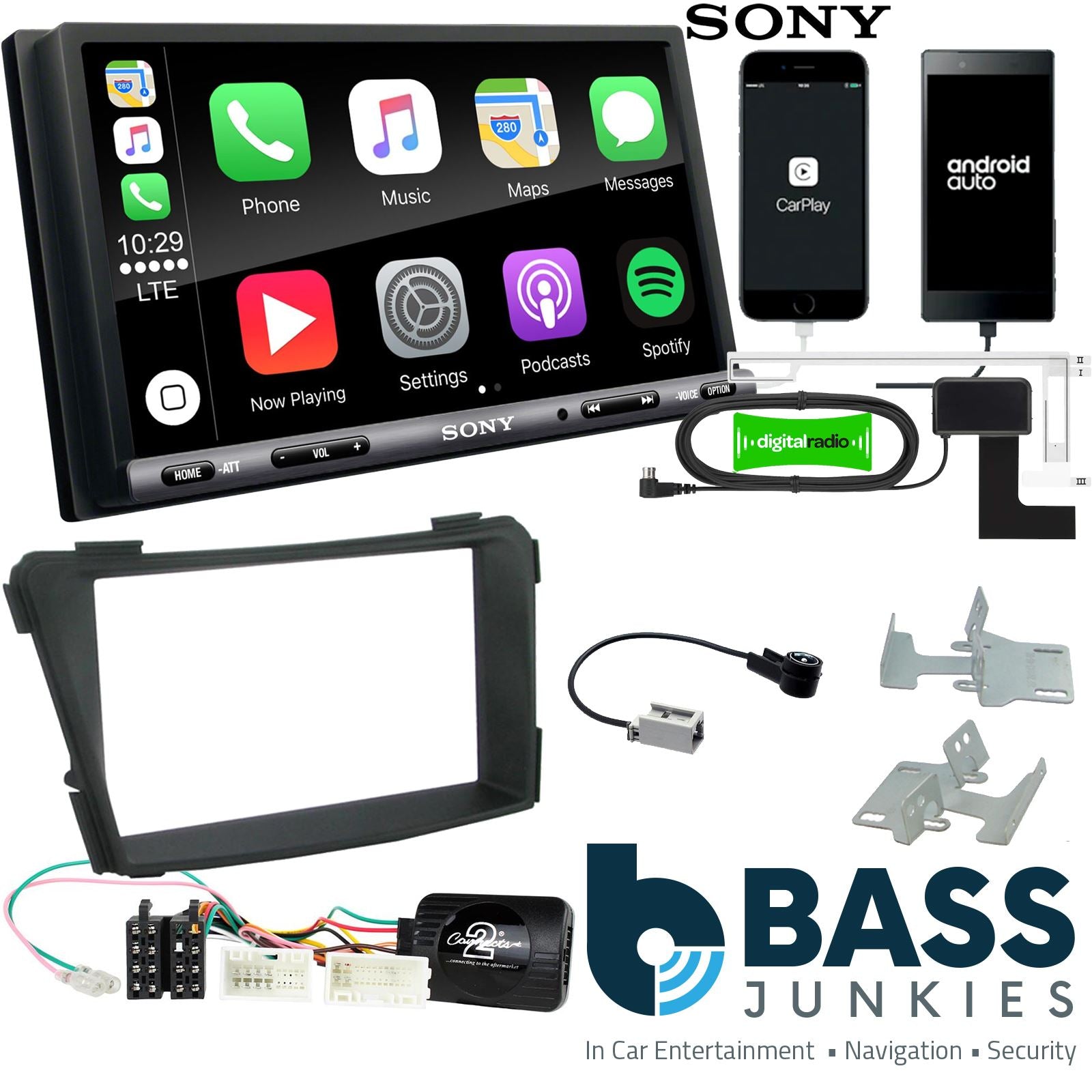SONY DAB+ Apple | Android Double Din Stereo Fitting Kit + Steering Wheel Stalk Controls to fit Hyundai i40 2011-