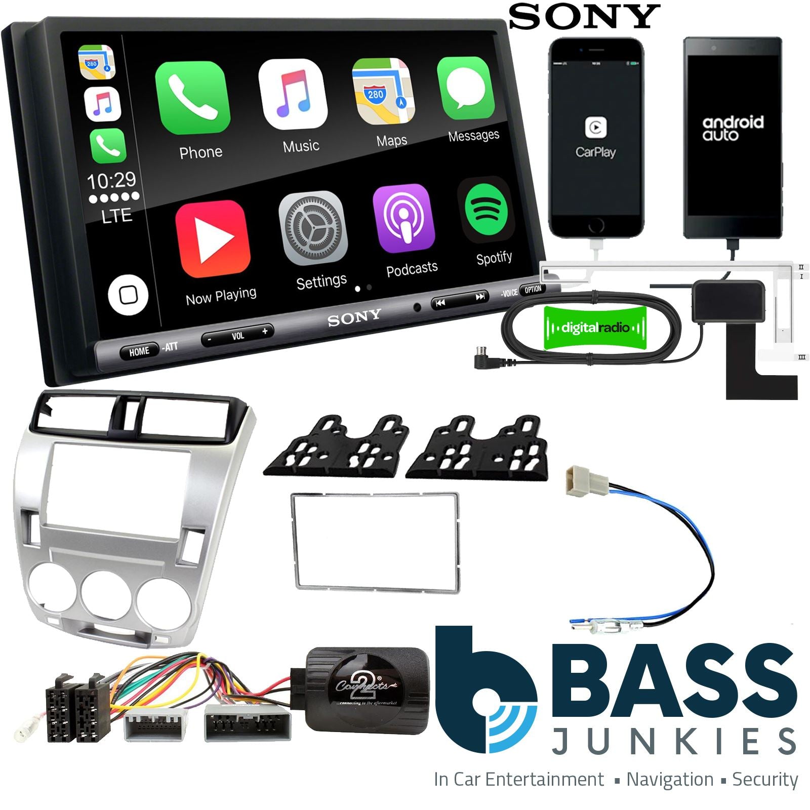 SONY DAB+ Apple | Android Double Din Stereo Fitting Kit + Steering Wheel Stalk Controls to fit Honda City 2008-14