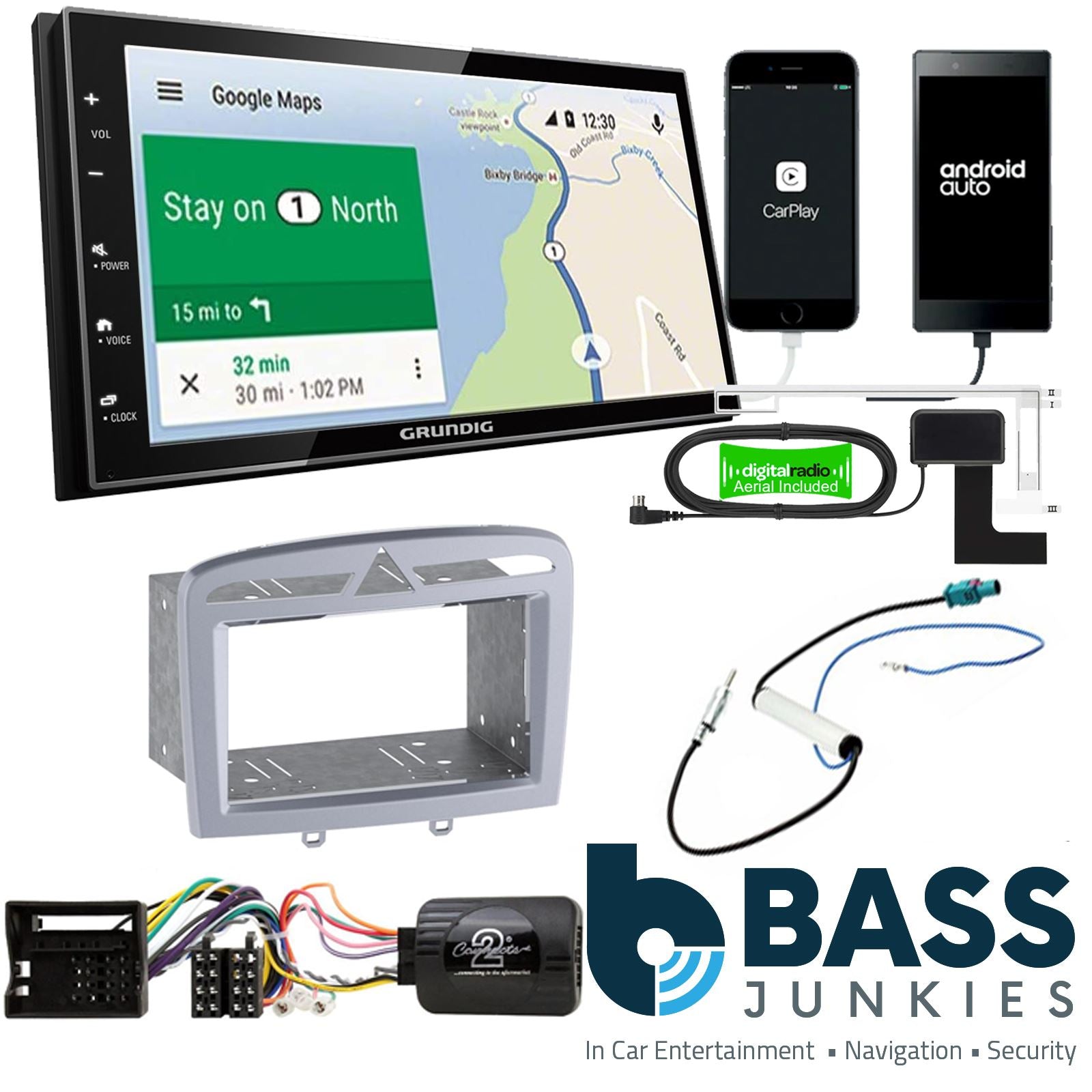 Grundig 6.8" Apple Android Double Din Stereo Fitting Kit + Steering Wheel Stalk Controls to fit Peugeot 308 2007-13