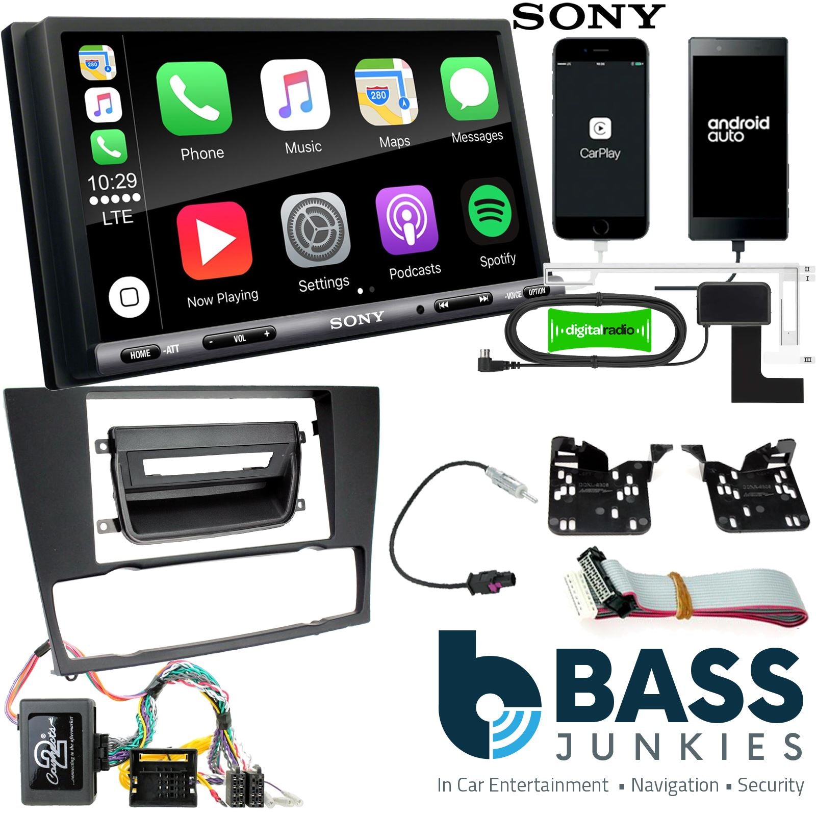 SONY DAB+ Apple | Android Double Din Stereo Fitting Kit + Steering Wheel Stalk Controls to fit BMW 3-Series 2005-12
