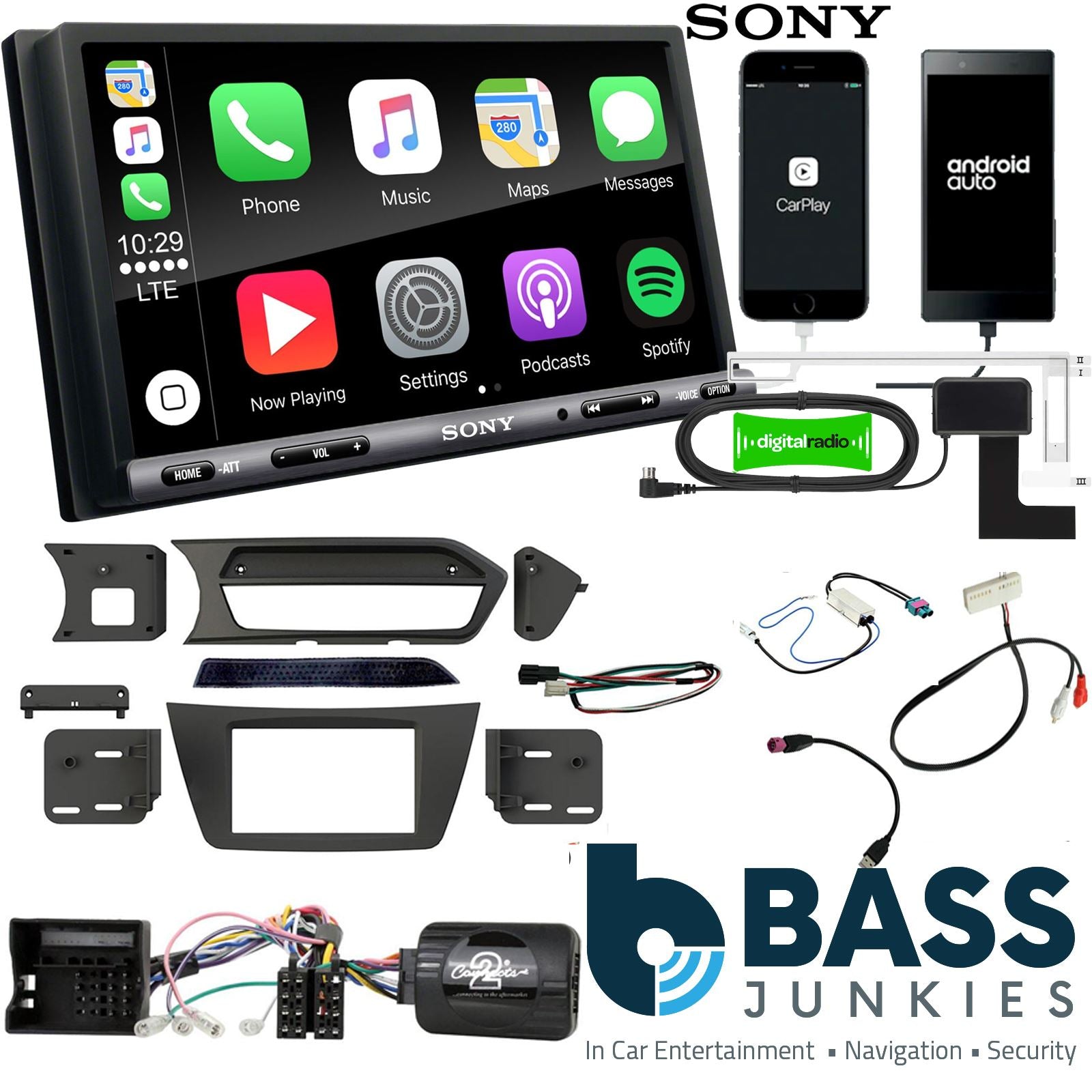 SONY DAB+ Apple | Android Double Din Stereo Fitting Kit + Steering Wheel Stalk Controls to fit Mercedes C-Class 2012-14