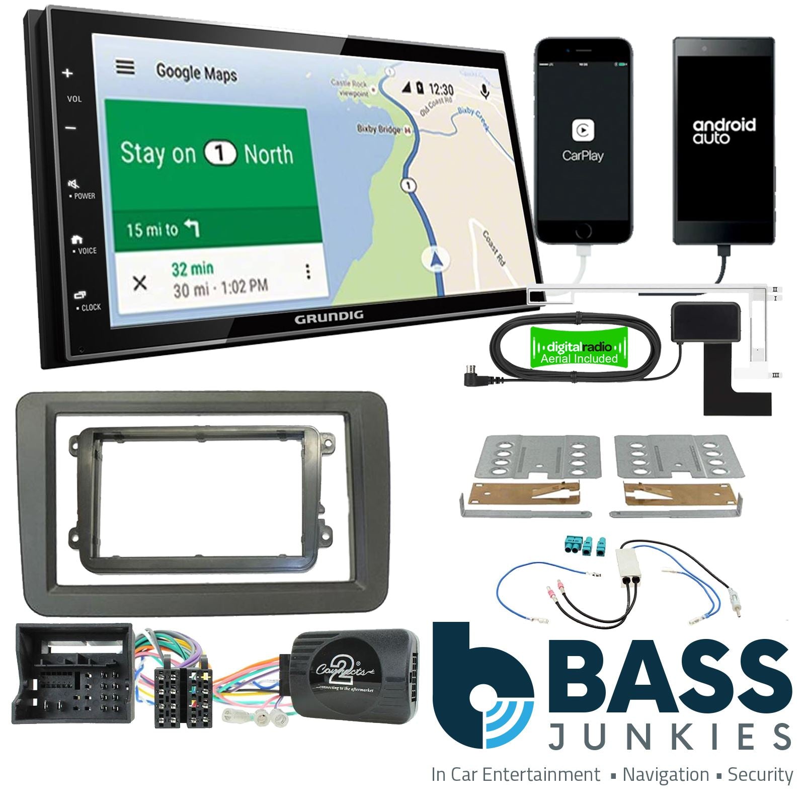 Grundig 6.8" Apple Android Double Din Stereo & Fitting Kit + Steering Wheel Stalk Controls to fit VW 2015+ Amarok | Beetle | Caddy | Jetta | Scirocco | Sharan | Tiguan | Transporter