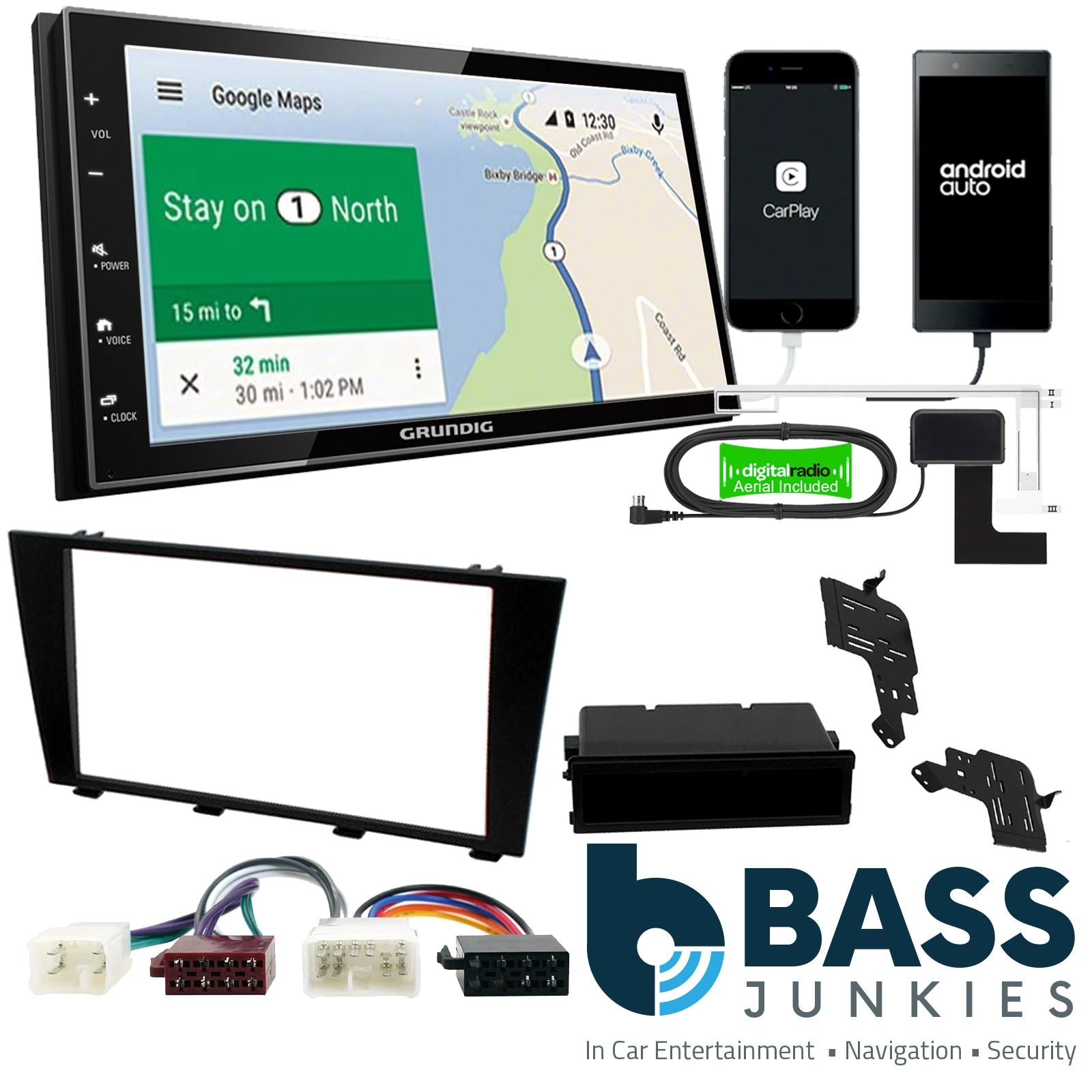 Grundig 6.8" Apple Android Double Din Stereo Fitting Kit + Steering Wheel Stalk Controls to fit Lexus IS300 2001-04